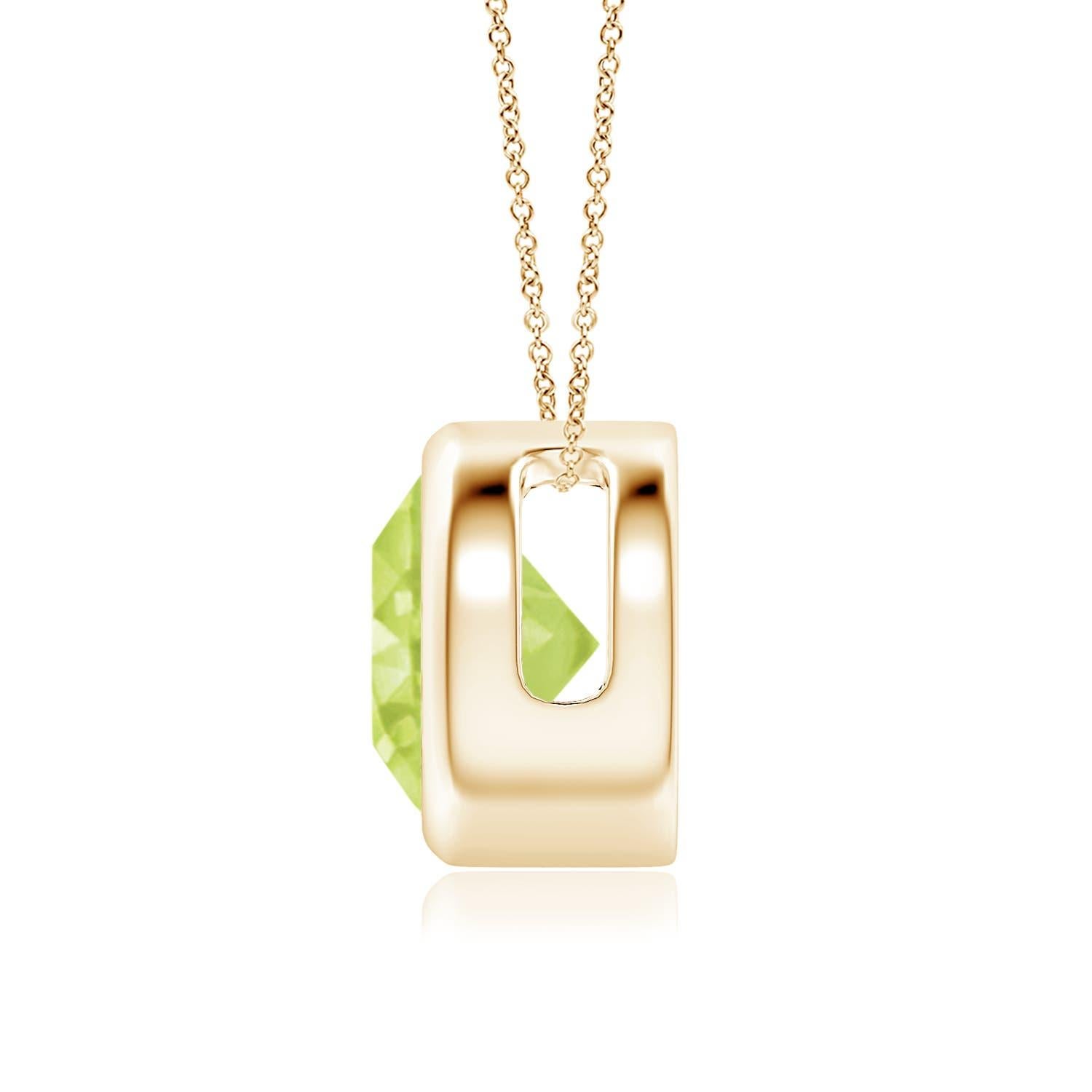The olive green round peridot appears to be floating on the chain. It is secured in a 14k yellow gold bezel setting. This simple yet alluring peridot pendant is designed to make an elegant statement. Available in different carat weight. 

Peridot is