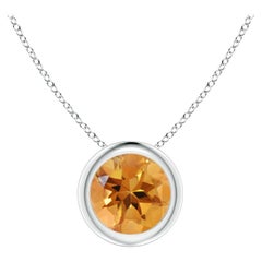 Ciondolo solitario di citrino rotondo naturale con castone in oro bianco 14K