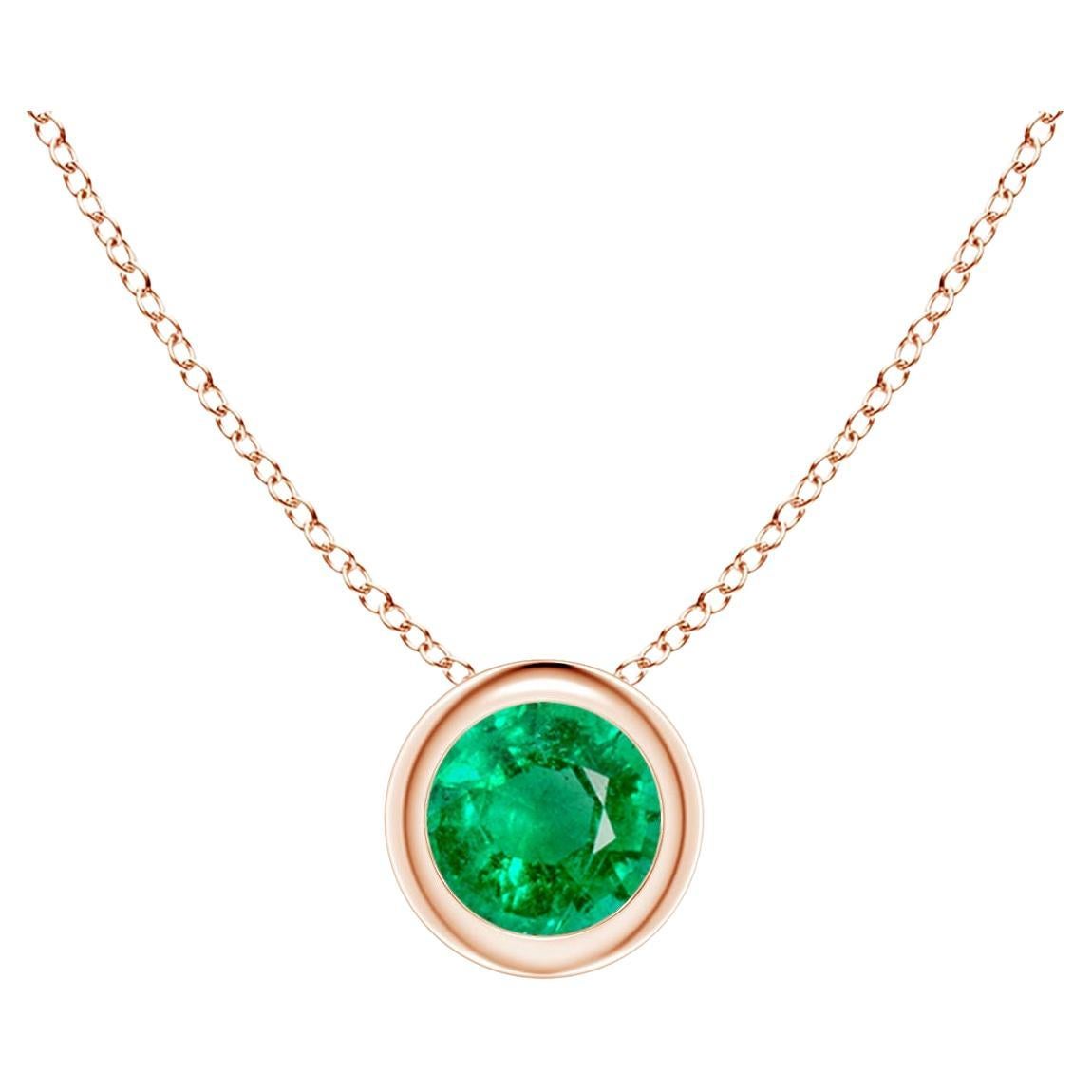 Natural Bezel-Set Round Emerald Solitaire Pendant in 14K Rose Gold (4mm) For Sale