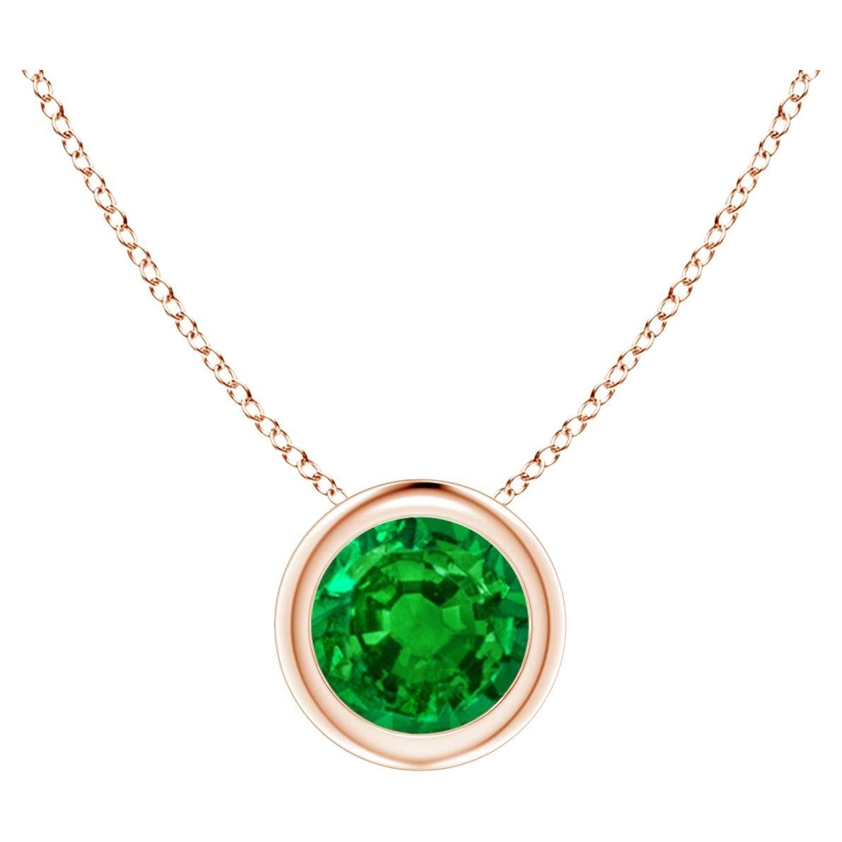 Natural Bezel-Set Round Emerald Solitaire Pendant in 14K Rose Gold (5mm) For Sale