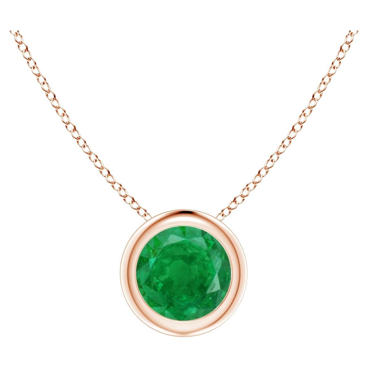 Natural Bezel-Set Round Emerald Solitaire Pendant in 14K Rose Gold (5mm) For Sale