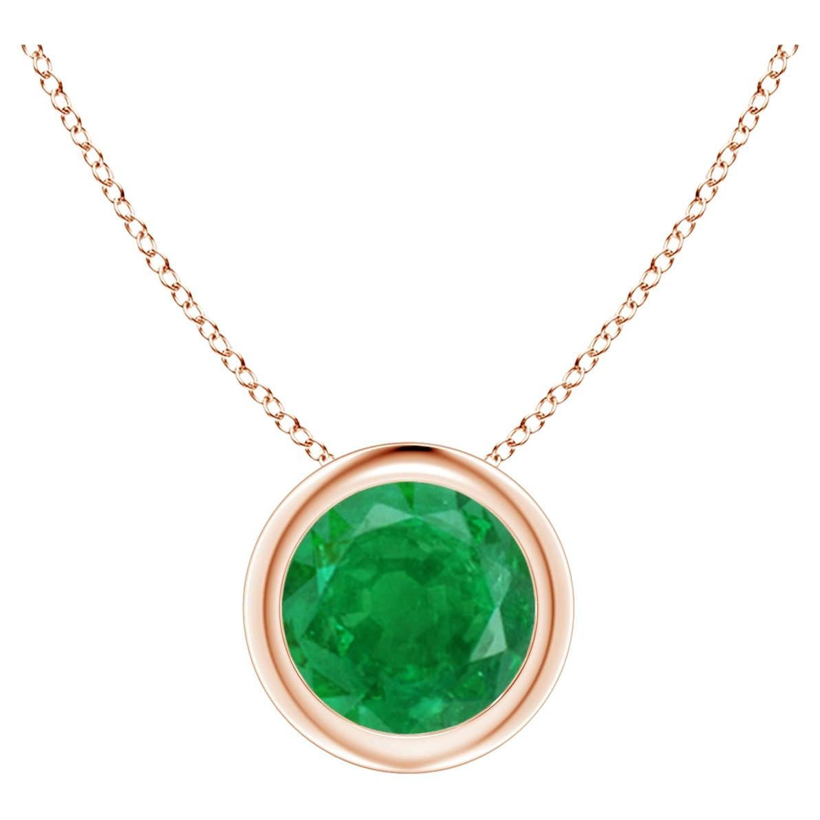 Natural Bezel-Set Round Emerald Solitaire Pendant in 14K Rose Gold (6mm) For Sale