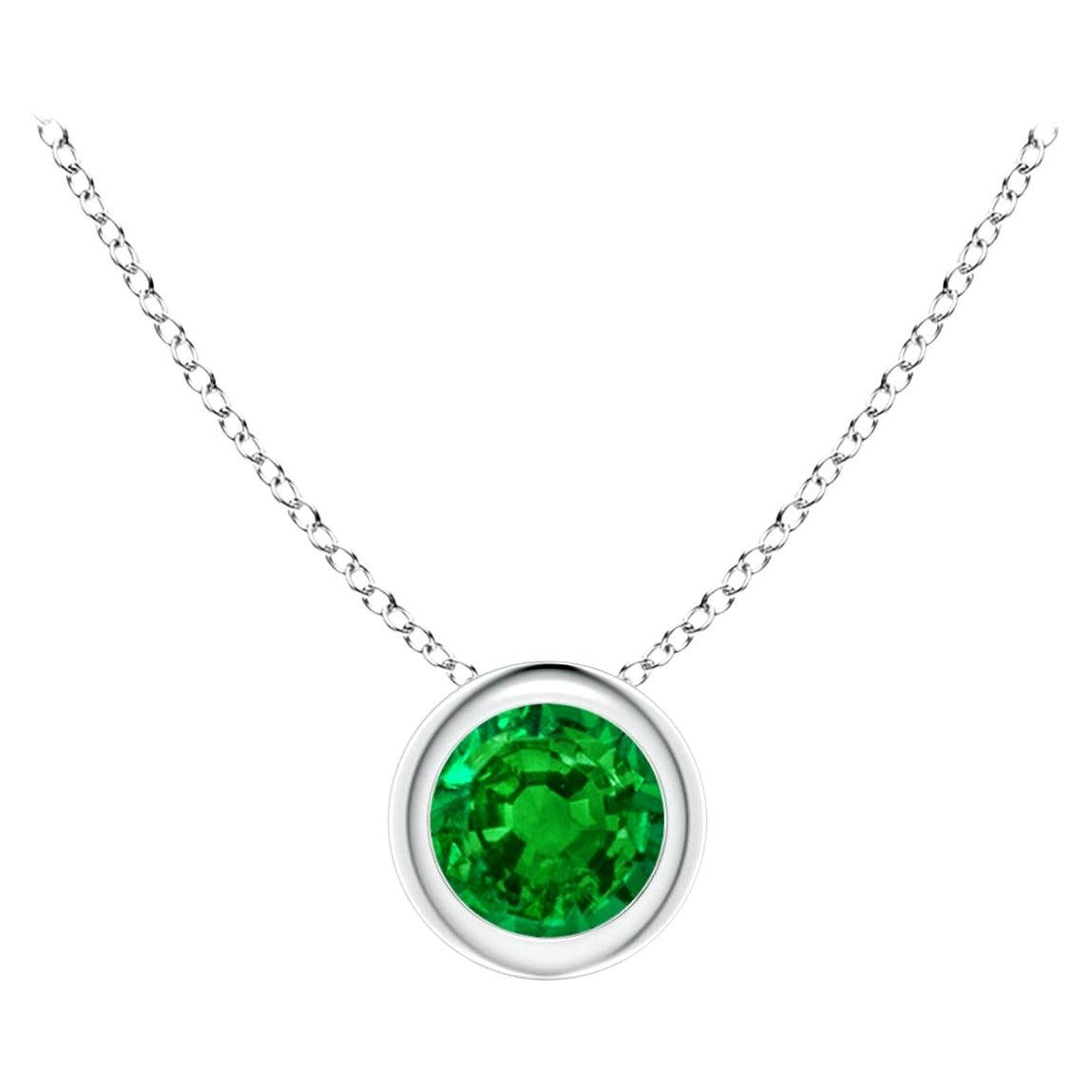 Natural Bezel-Set Round Emerald Solitaire Pendant in 14K White Gold (4mm)