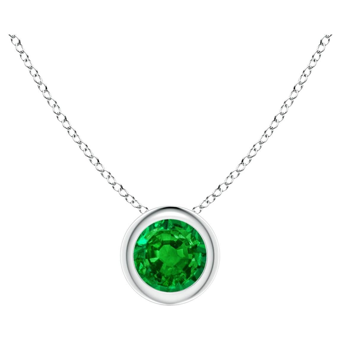 Natural Bezel-Set Round Emerald Solitaire Pendant in 14K White Gold (4mm) For Sale