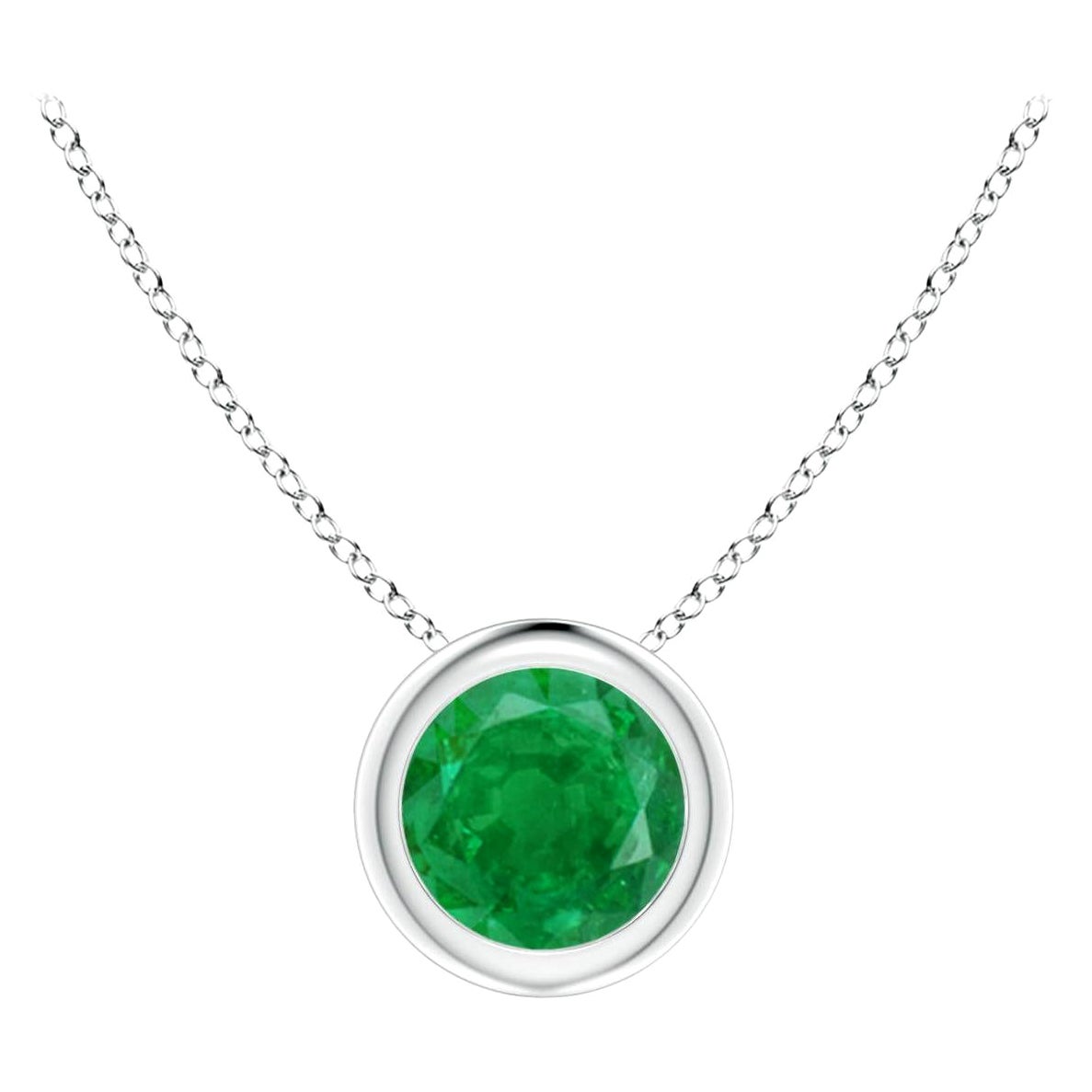 Natural Bezel-Set Round Emerald Solitaire Pendant in 14K White Gold (5mm)