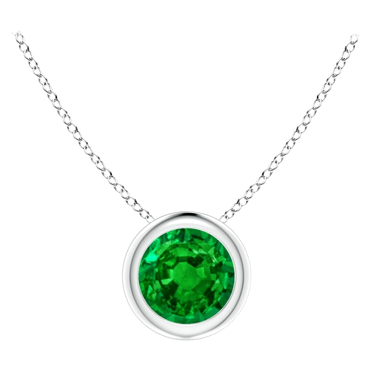 Natural Bezel-Set Round Emerald Solitaire Pendant in 14K White Gold (5mm)