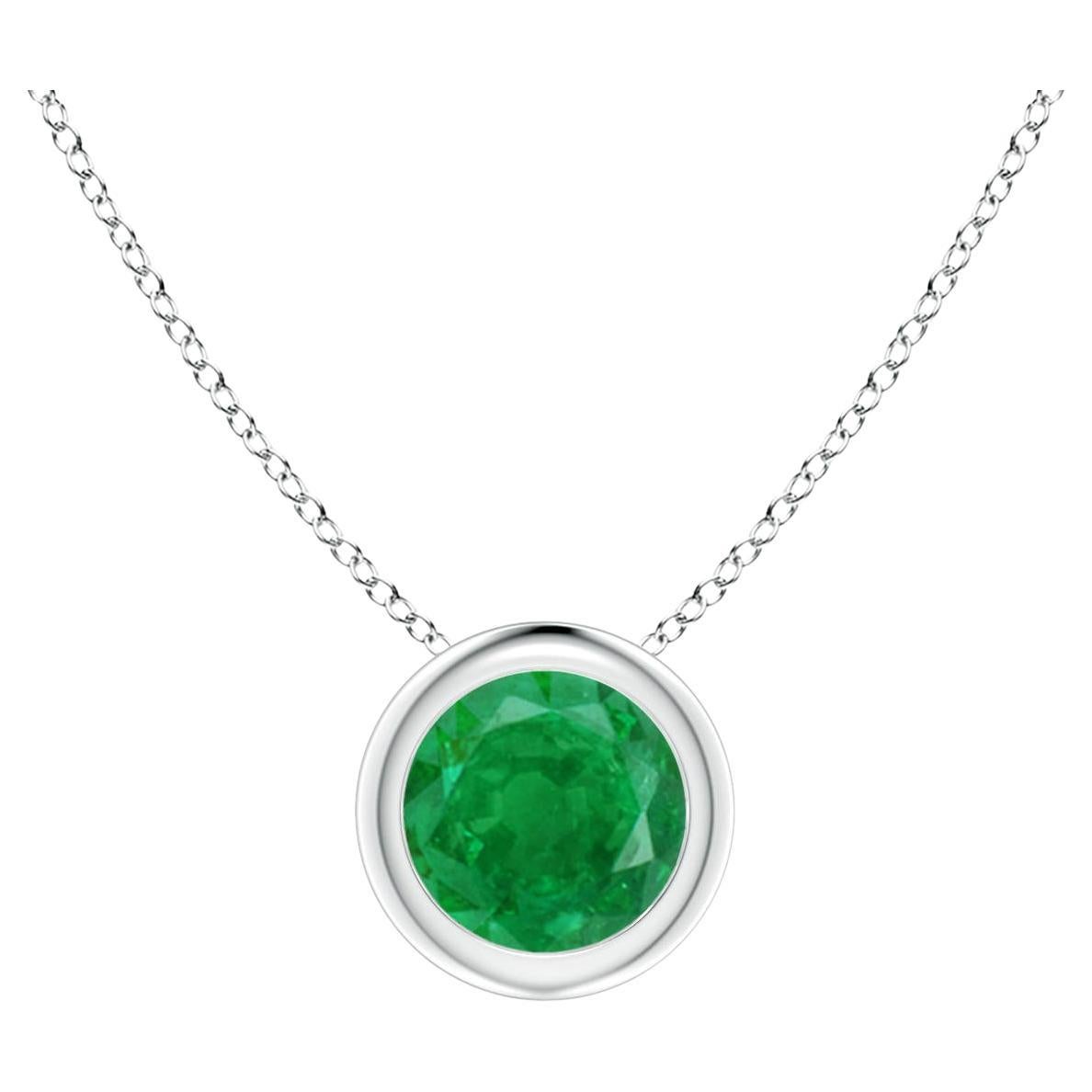 Natural Bezel-Set Round Emerald Solitaire Pendant in 14K White Gold (5mm) For Sale