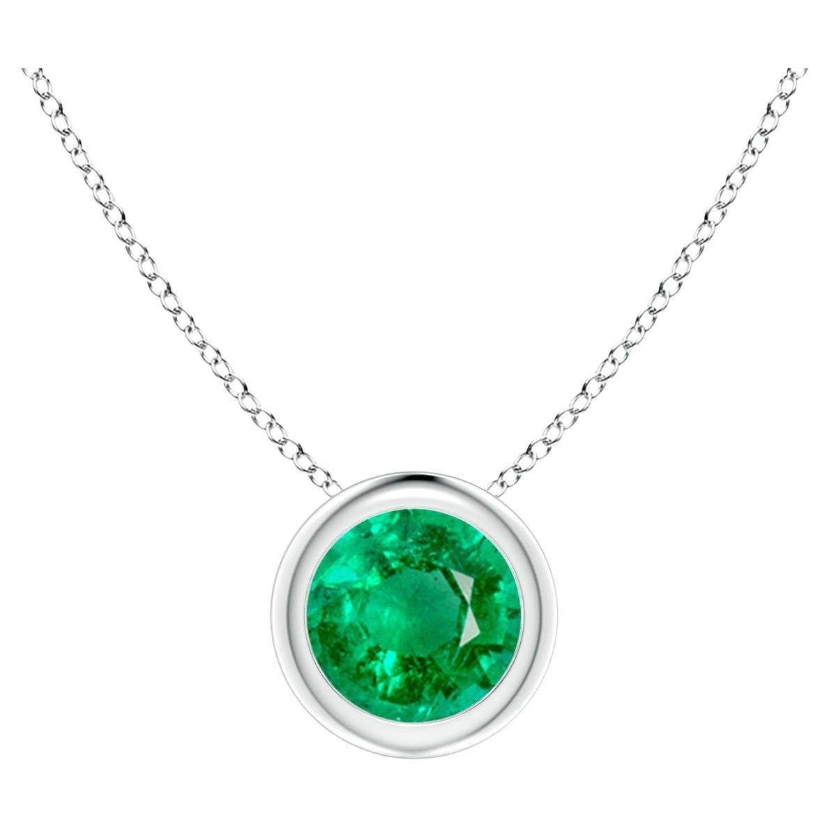 Natural Bezel-Set Round Emerald Solitaire Pendant in 14K White Gold (5mm) For Sale