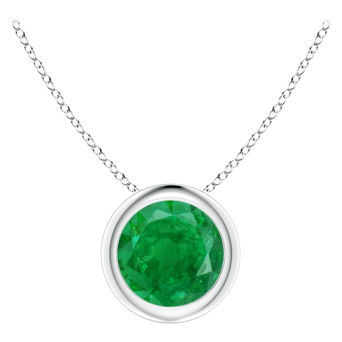 Natural Bezel-Set Round Emerald Solitaire Pendant in 14K White Gold (6mm) For Sale