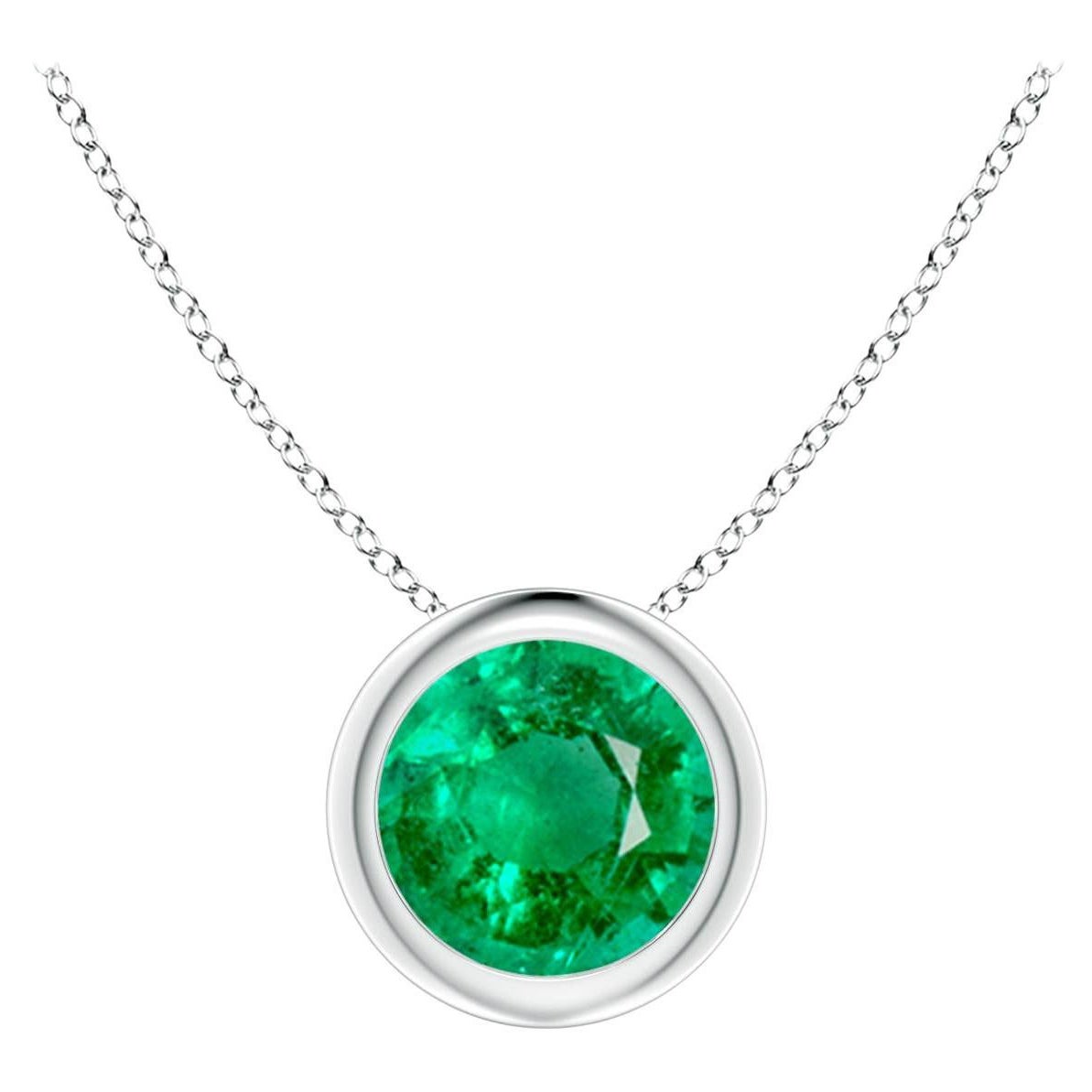 Natural Bezel-Set Round Emerald Solitaire Pendant in 14K White Gold (6mm)