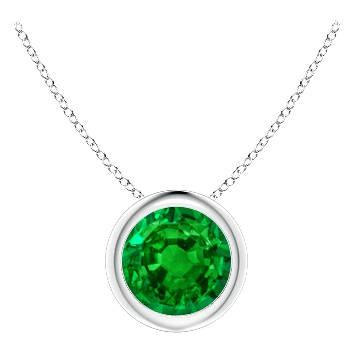 Natural Bezel-Set Round Emerald Solitaire Pendant in 14K White Gold (6mm)