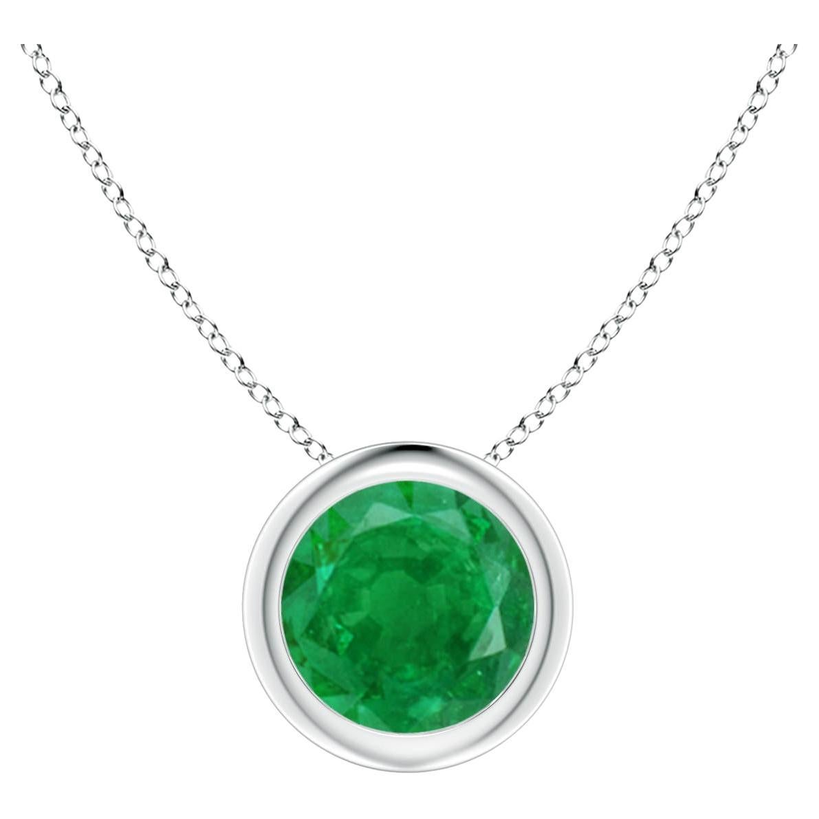 Natural Bezel-Set Round Emerald Solitaire Pendant in 14K White Gold (6mm) For Sale