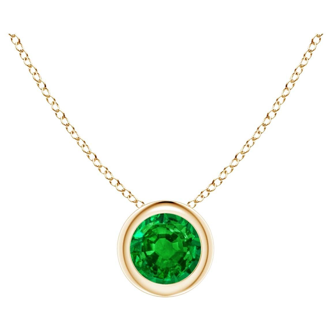 Natural Bezel-Set Round Emerald Solitaire Pendant in 14K Yellow Gold 4mm For Sale