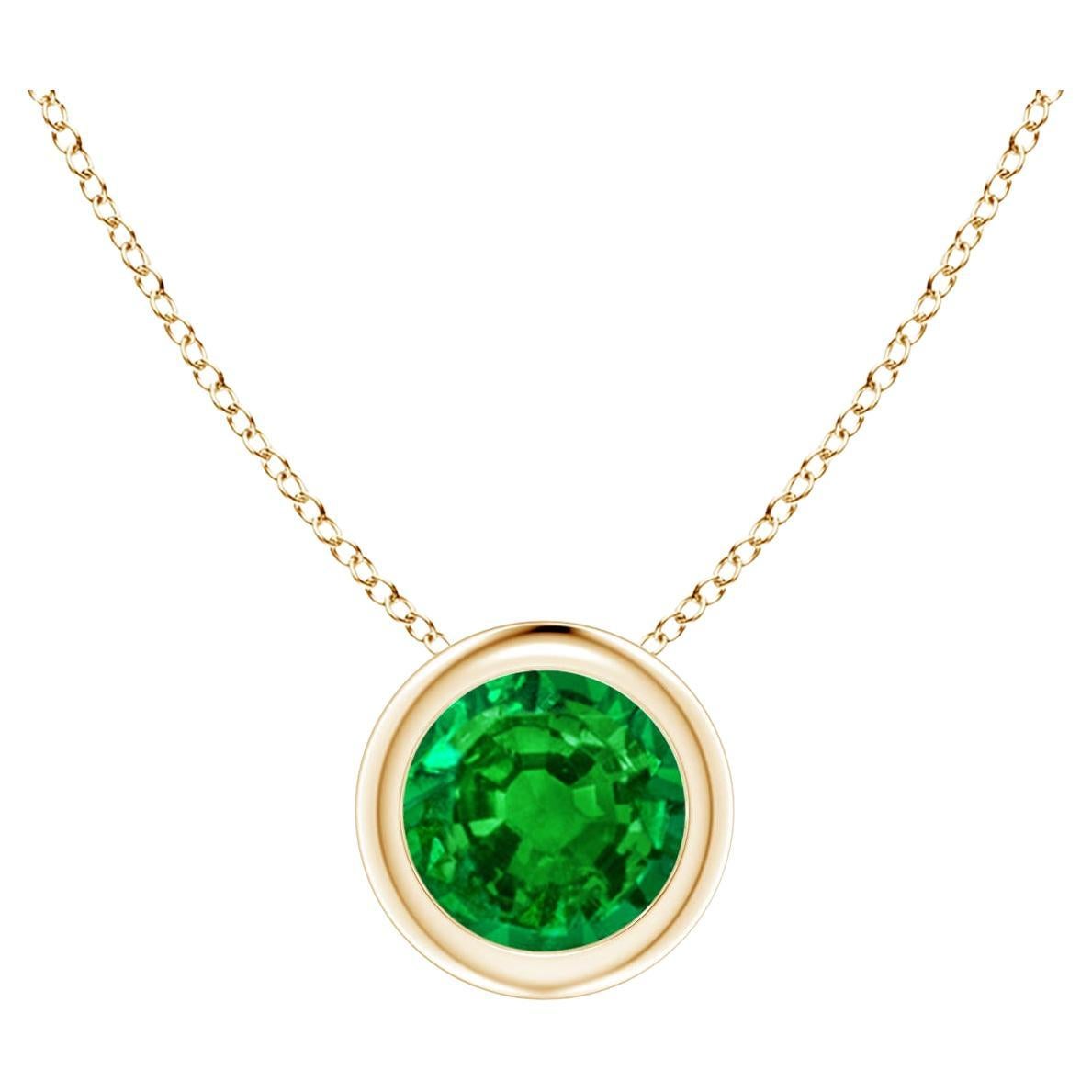 Natural Bezel-Set Round Emerald Solitaire Pendant in 14K Yellow Gold 5mm For Sale