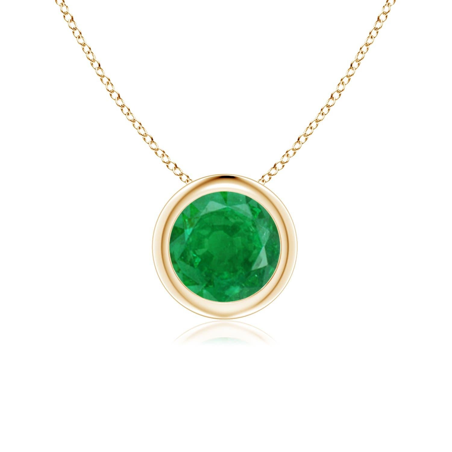 Natural Bezel-Set Round Emerald Solitaire Pendant in 14K Yellow Gold 6mm For Sale