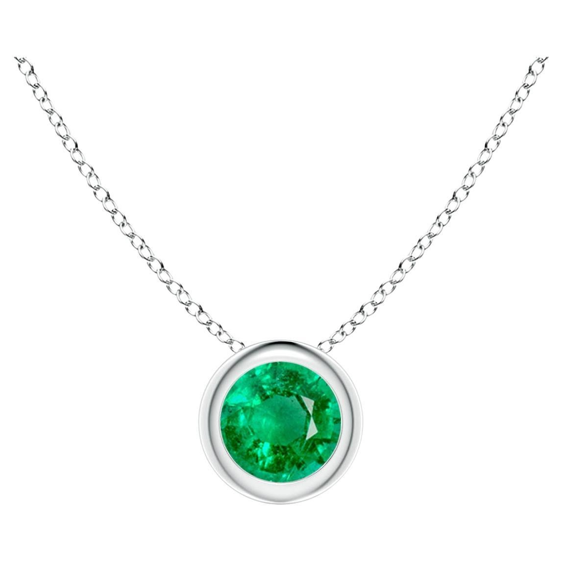 Natural Bezel-Set Round Emerald Solitaire Pendant in Platinum (4mm) For Sale
