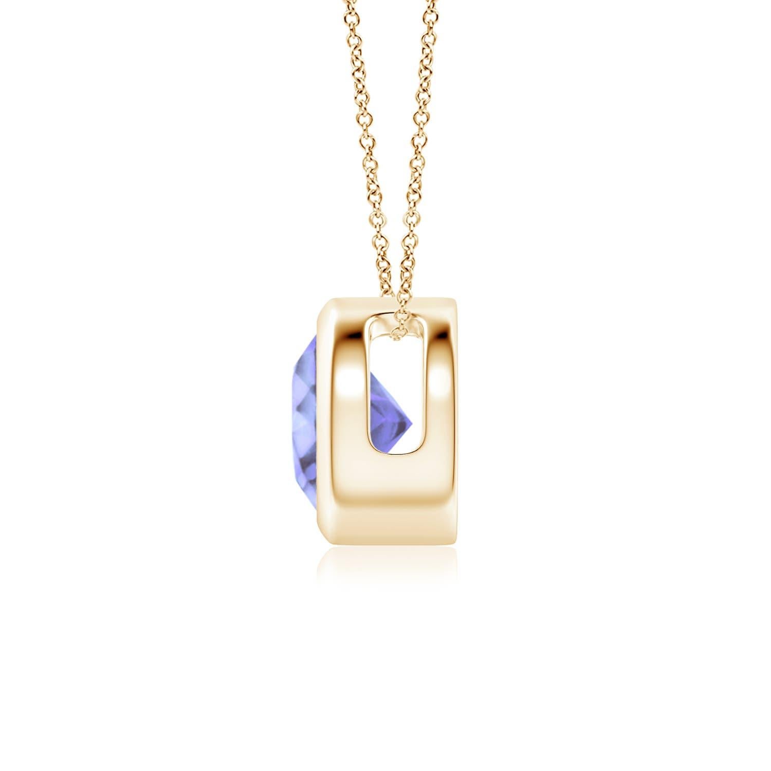 This classic solitaire tanzanite pendant's beautiful design makes the center stone appear like it's floating on the chain. The radiant bluish-violet gem is secured in a bezel setting. Crafted in 14k yellow gold, this round tanzanite pendant is