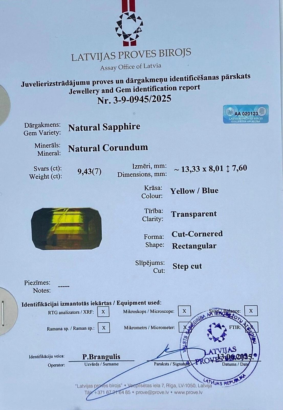 Natural Bi-color Sapphire 9.43Ct Yellow-Blue loose gemstone, Nigeria, certified! For Sale 6