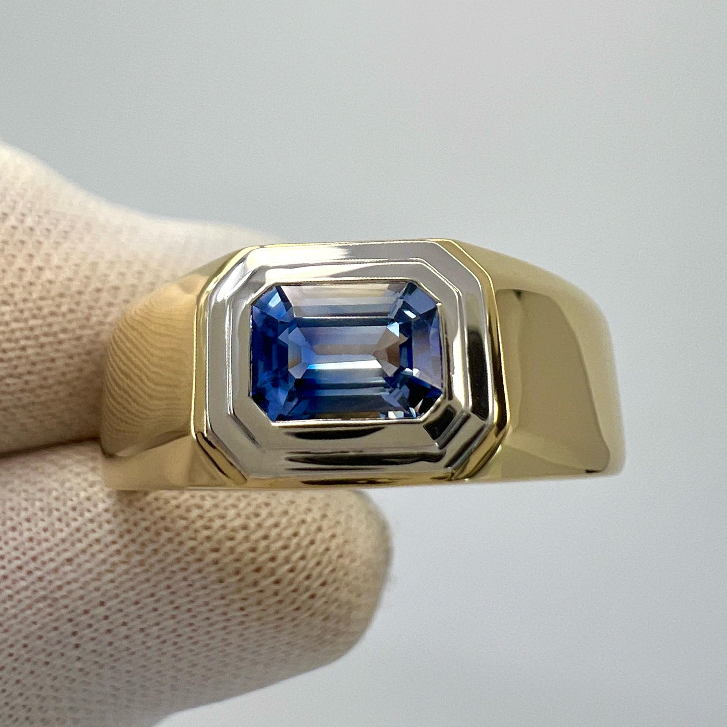 Women's or Men's Natural Bi Colour White Blue Ceylon Sapphire Emerald Cut 18k Gold Signet Ring For Sale