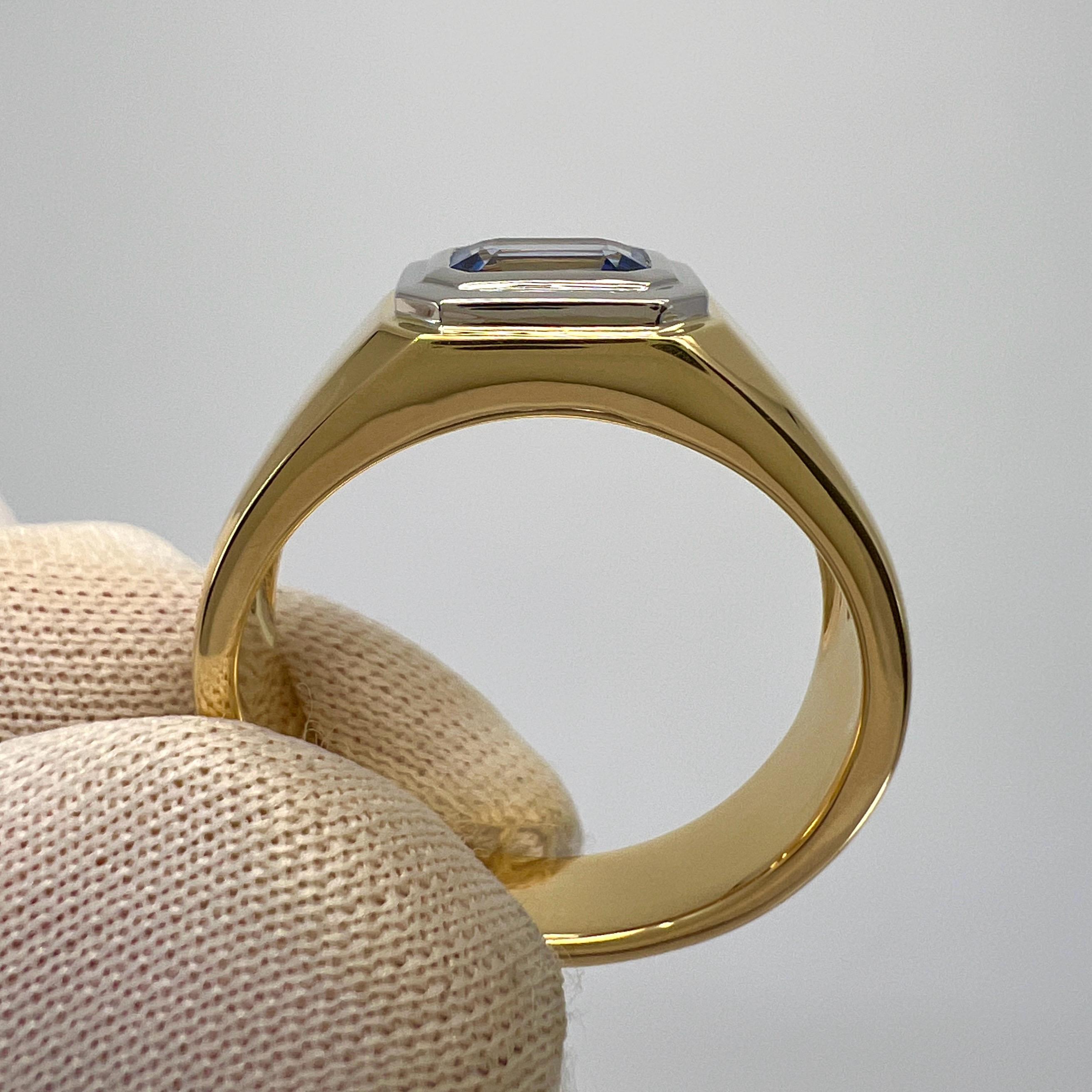Natural Bi Colour White Blue Ceylon Sapphire Emerald Cut 18k Gold Signet Ring For Sale 1
