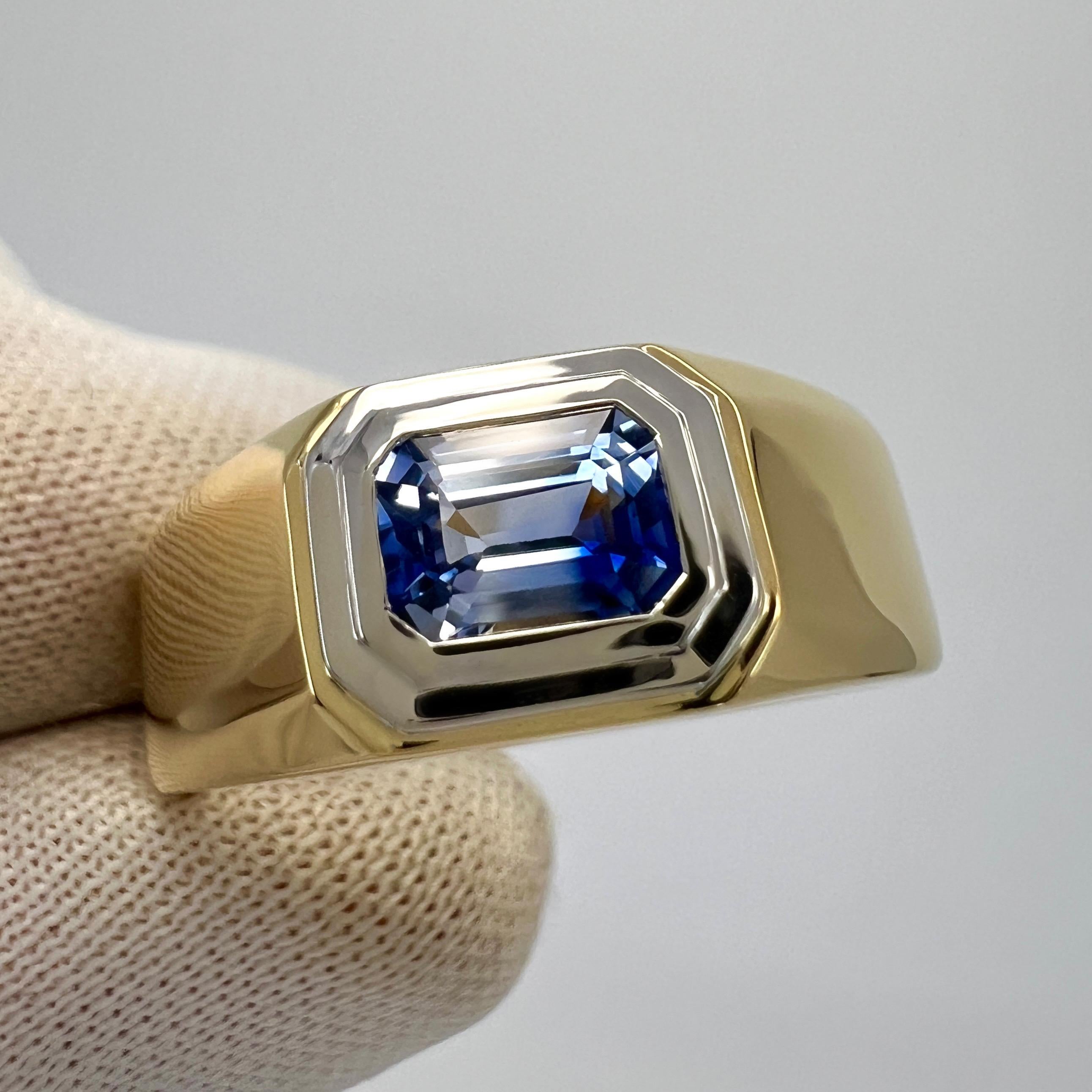 Natural Bi Colour White Blue Ceylon Sapphire Emerald Cut 18k Gold Signet Ring For Sale 2