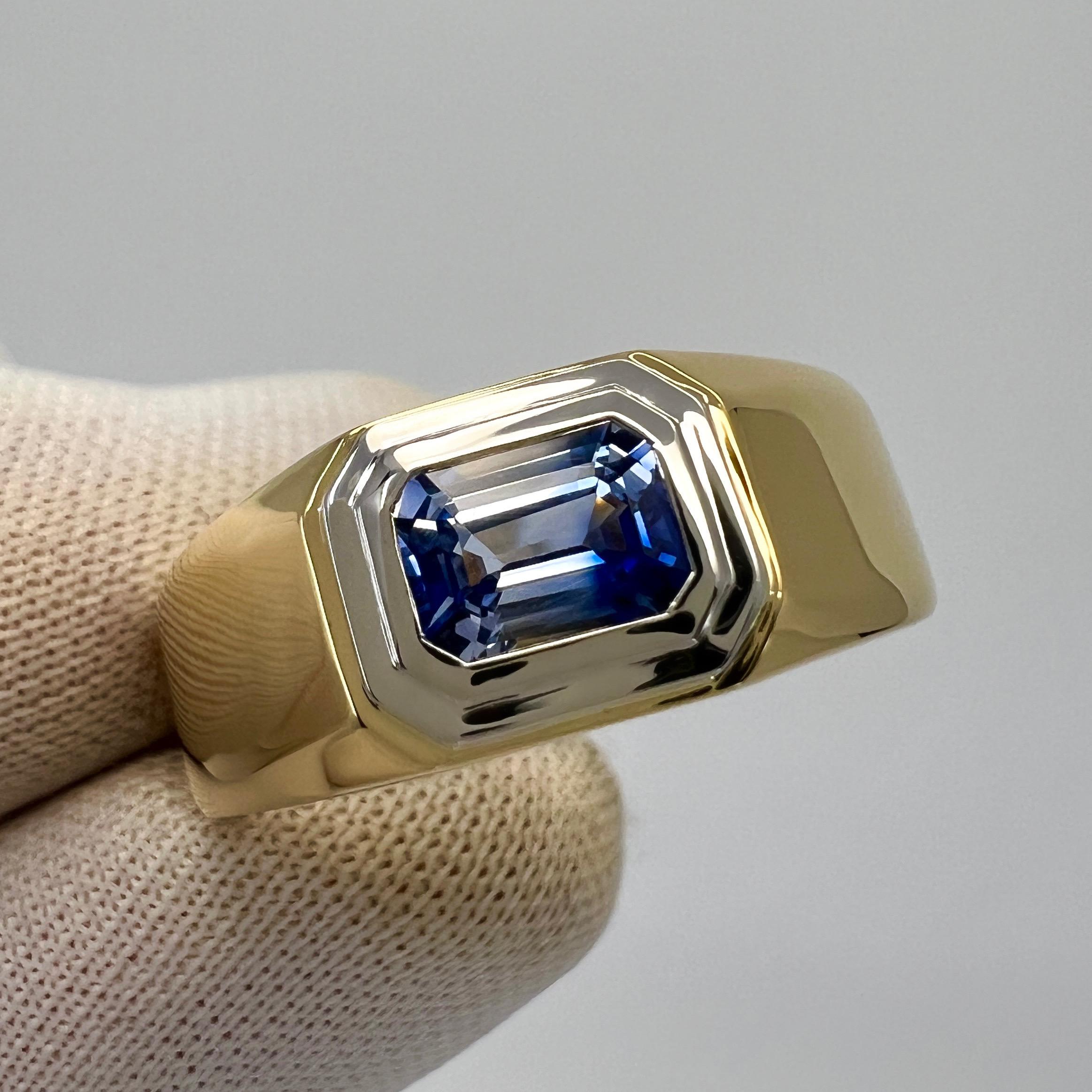 Natural Bi Colour White Blue Ceylon Sapphire Emerald Cut 18k Gold Signet Ring For Sale 3