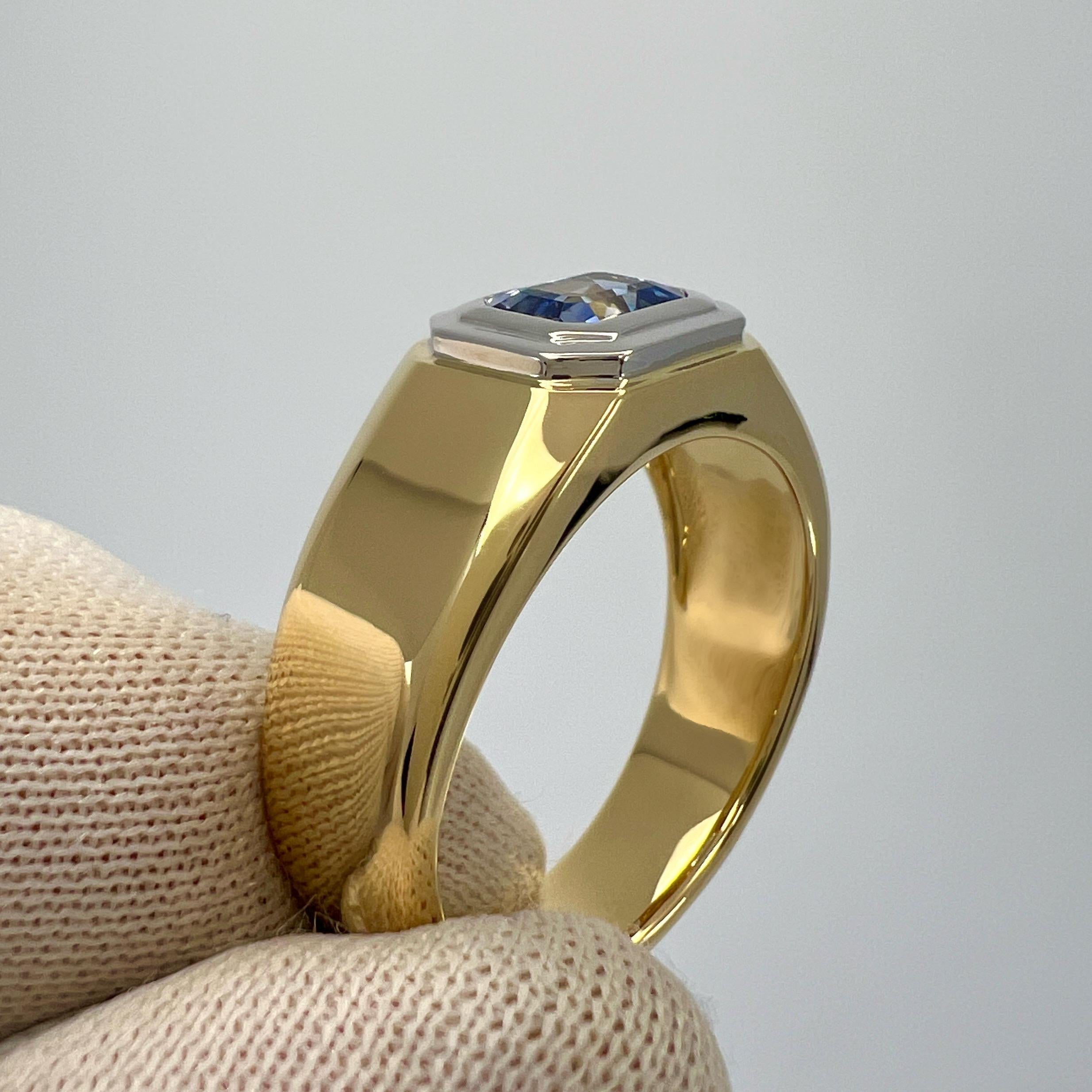 Natural Bi Colour White Blue Ceylon Sapphire Emerald Cut 18k Gold Signet Ring For Sale 4
