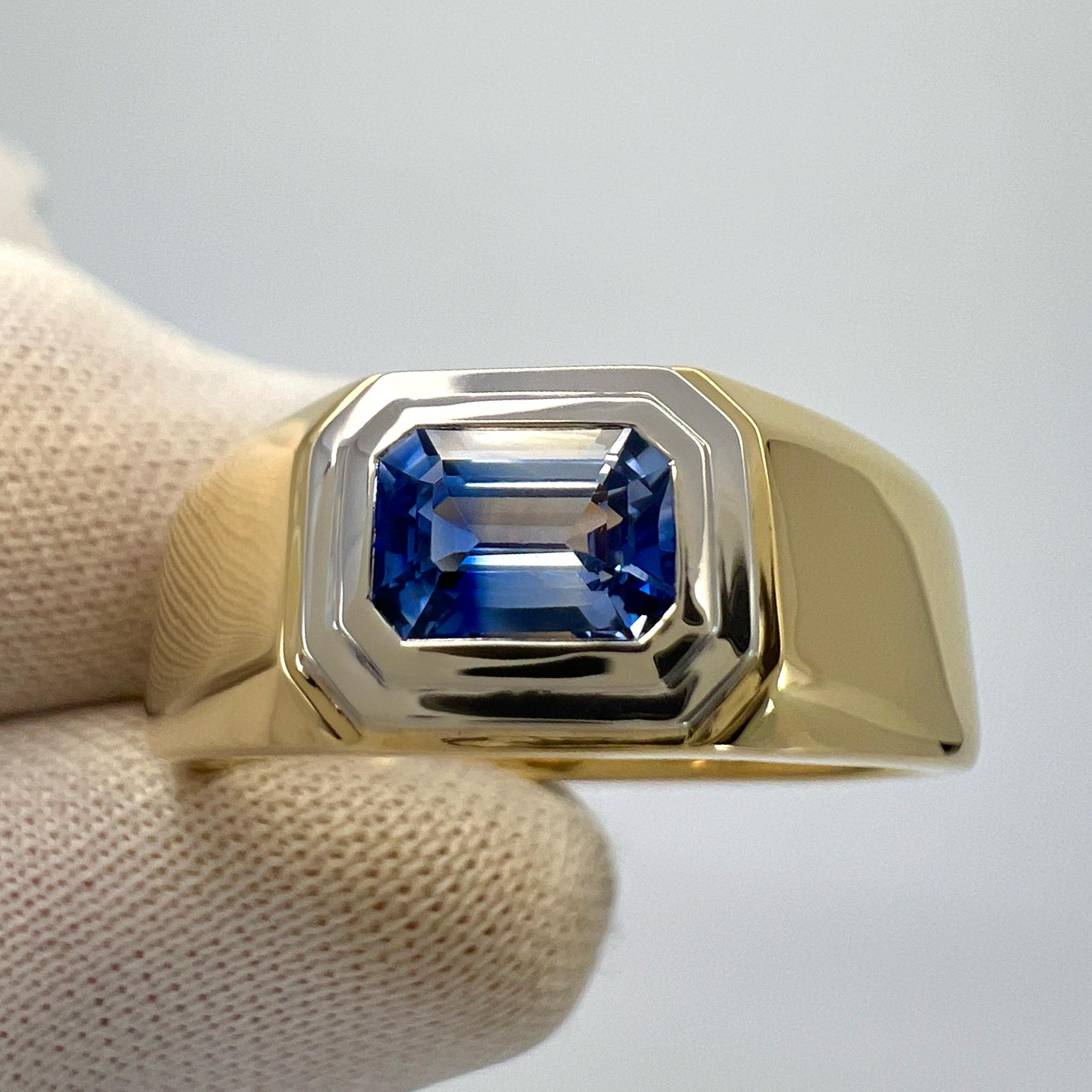 Natural Bi Colour White Blue Ceylon Sapphire Emerald Cut 18k Gold Signet Ring For Sale 5
