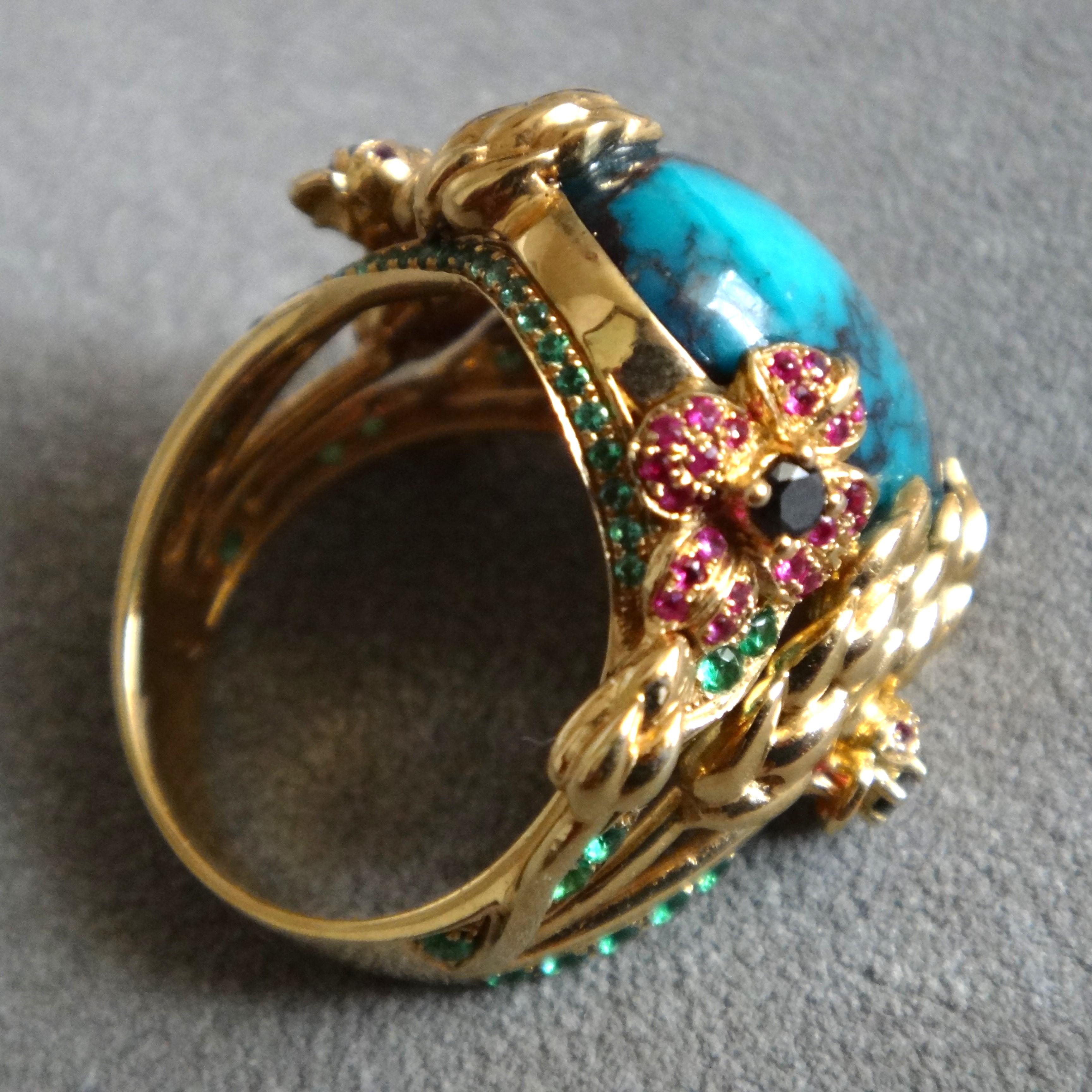 21Carat Natural Bisbee Turquoise 18K Gold Ruby and Tsavorite Cocktail Ring For Sale 3