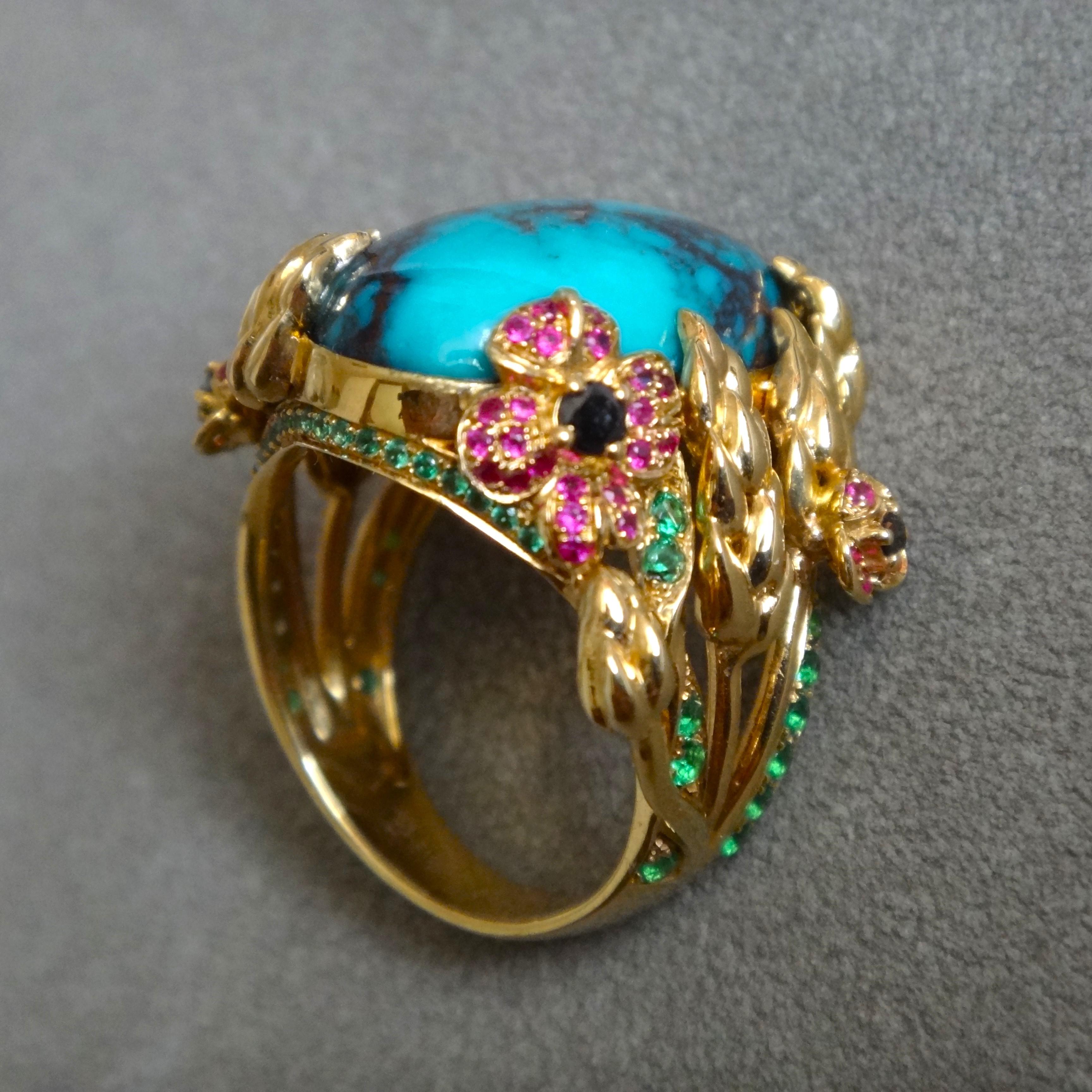 21Carat Natural Bisbee Turquoise 18K Gold Ruby and Tsavorite Cocktail Ring For Sale 2