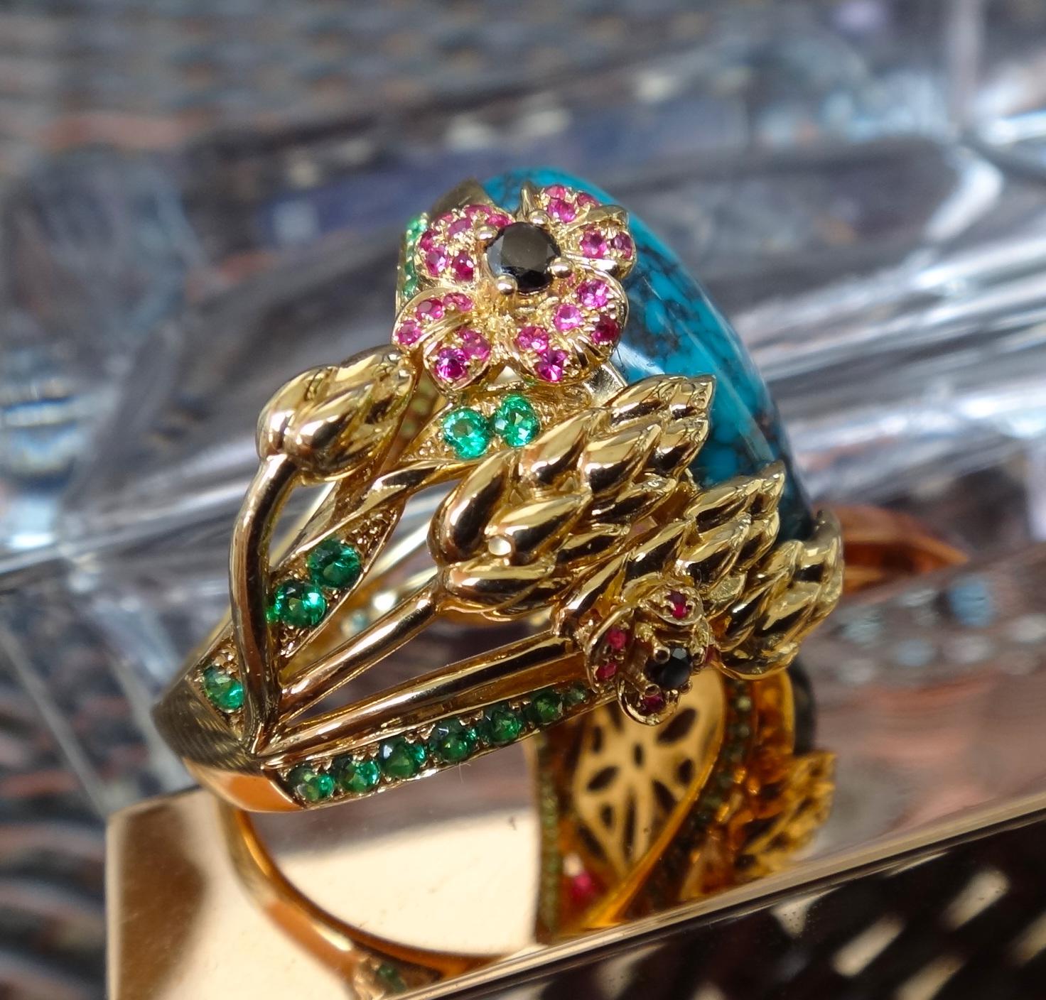 21 Karat natürlicher Biskuit Türkis 18K Gold Rubin und Tsavorit Cocktail-Ring im Angebot 10