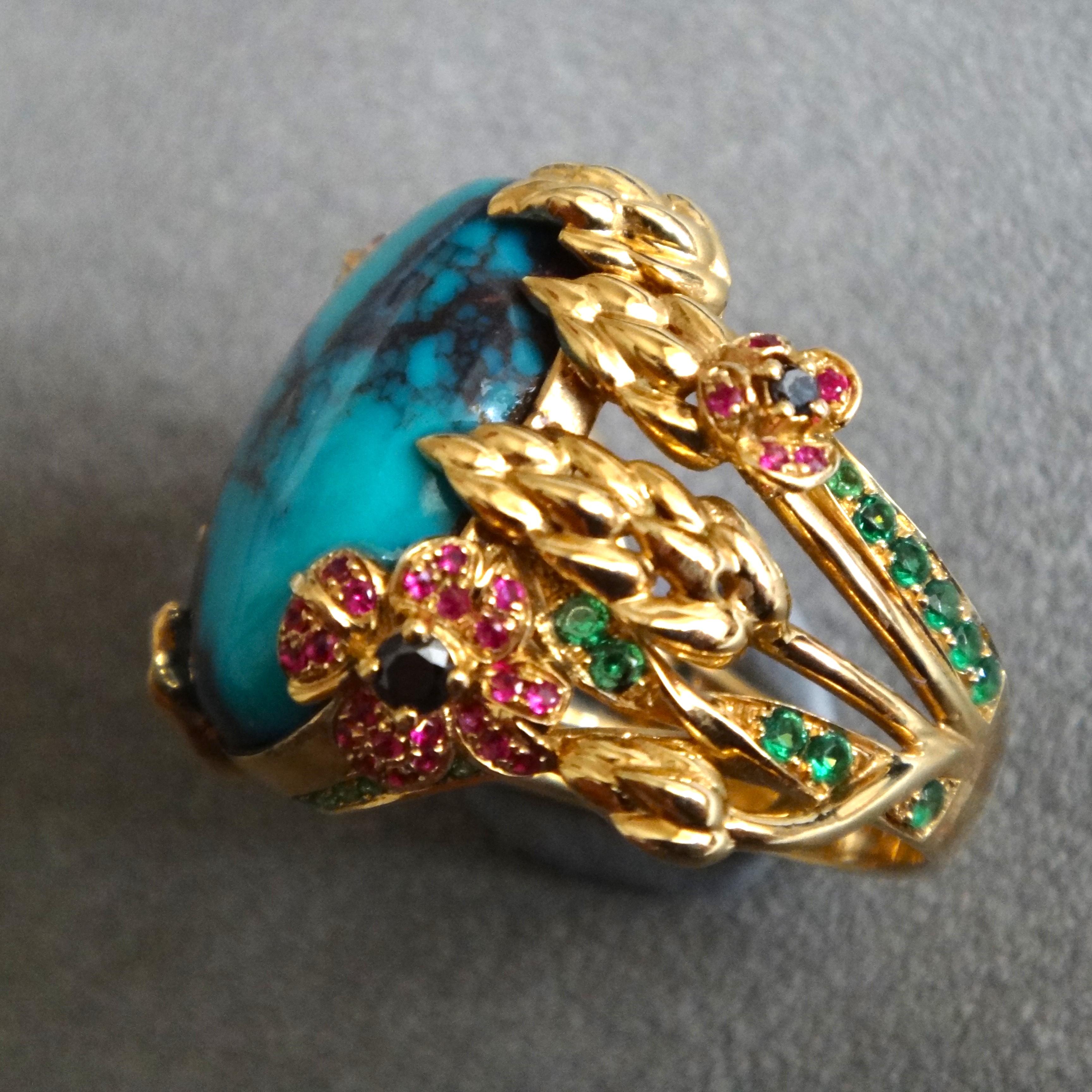 21Carat Natural Bisbee Turquoise 18K Gold Ruby and Tsavorite Cocktail Ring For Sale 4