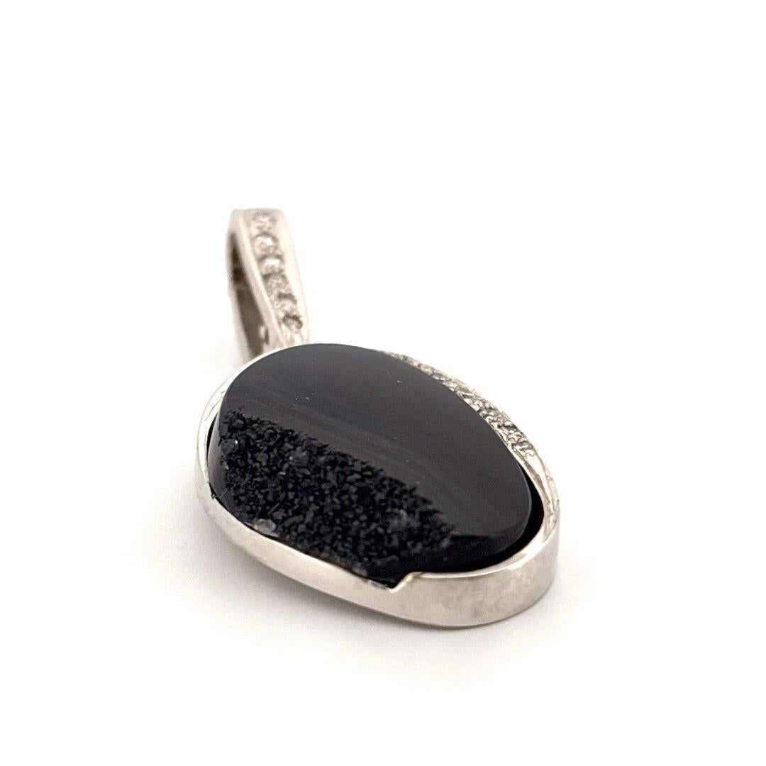 Oval Cut Natural Black Agate Druzy & .25CTW Diamond 14K White Gold Enhancer Pendant For Sale