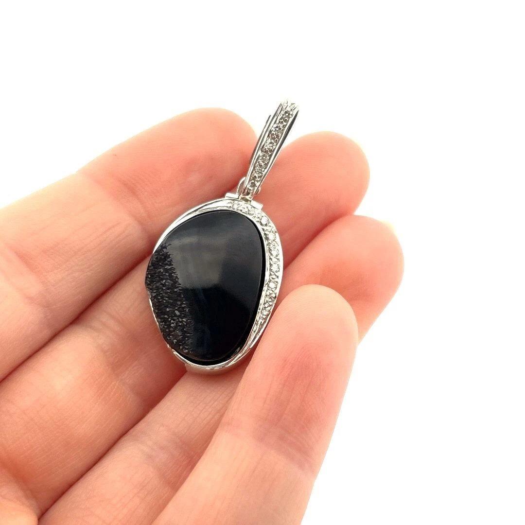 Women's Natural Black Agate Druzy & .25CTW Diamond 14K White Gold Enhancer Pendant For Sale