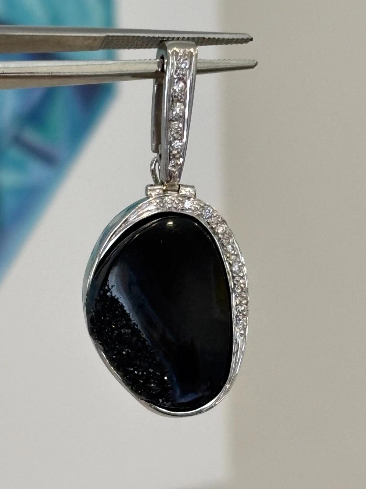 Natural Black Agate Druzy & .25CTW Diamond 14K White Gold Enhancer Pendant For Sale 1