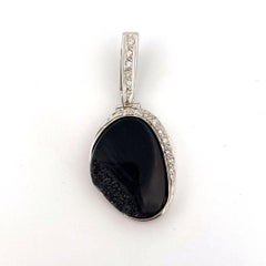 Natural Black Agate Druzy & .25CTW Diamond 14K White Gold Enhancer Pendant