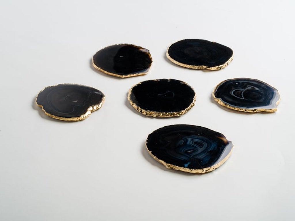 Natural Black Agate Gemstone Coasters with 24 K Gold Trim, Set/8 For Sale 3