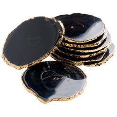 Natural Black Agate Gemstone Coasters with 24 K Gold Trim, Set/8