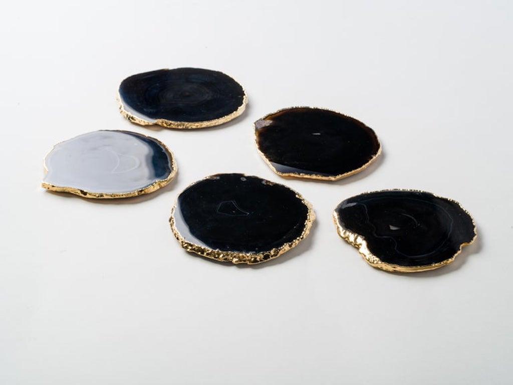 Hand-Crafted Natural Black Agate Gemstone Coasters with 24 K Gold Trim, Set/8 For Sale