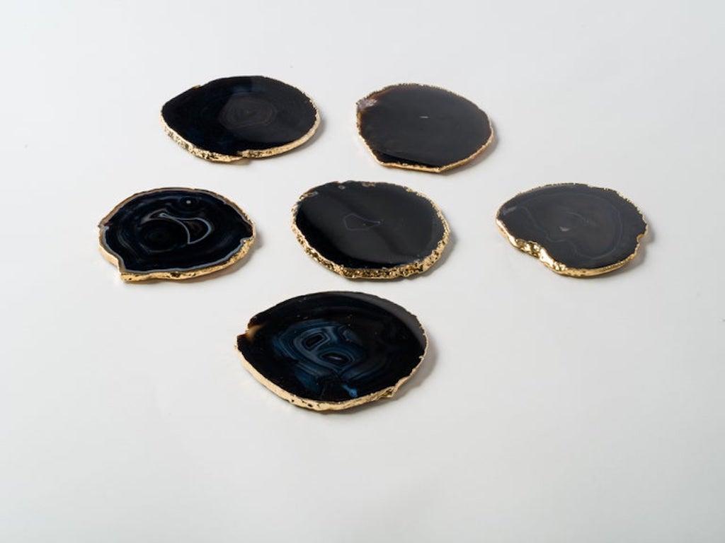 Contemporary Natural Black Agate Gemstone Coasters with 24 K Gold Trim, Set/8 For Sale