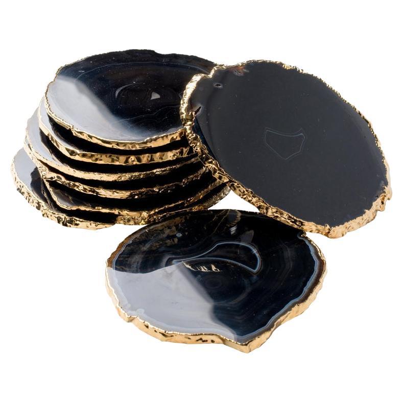 Natural Black Agate Gemstone Coasters with 24 K Gold Trim, Set/8 For Sale