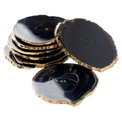 Natural Black Agate Gemstone Coasters with 24 K Gold Trim, Set/8