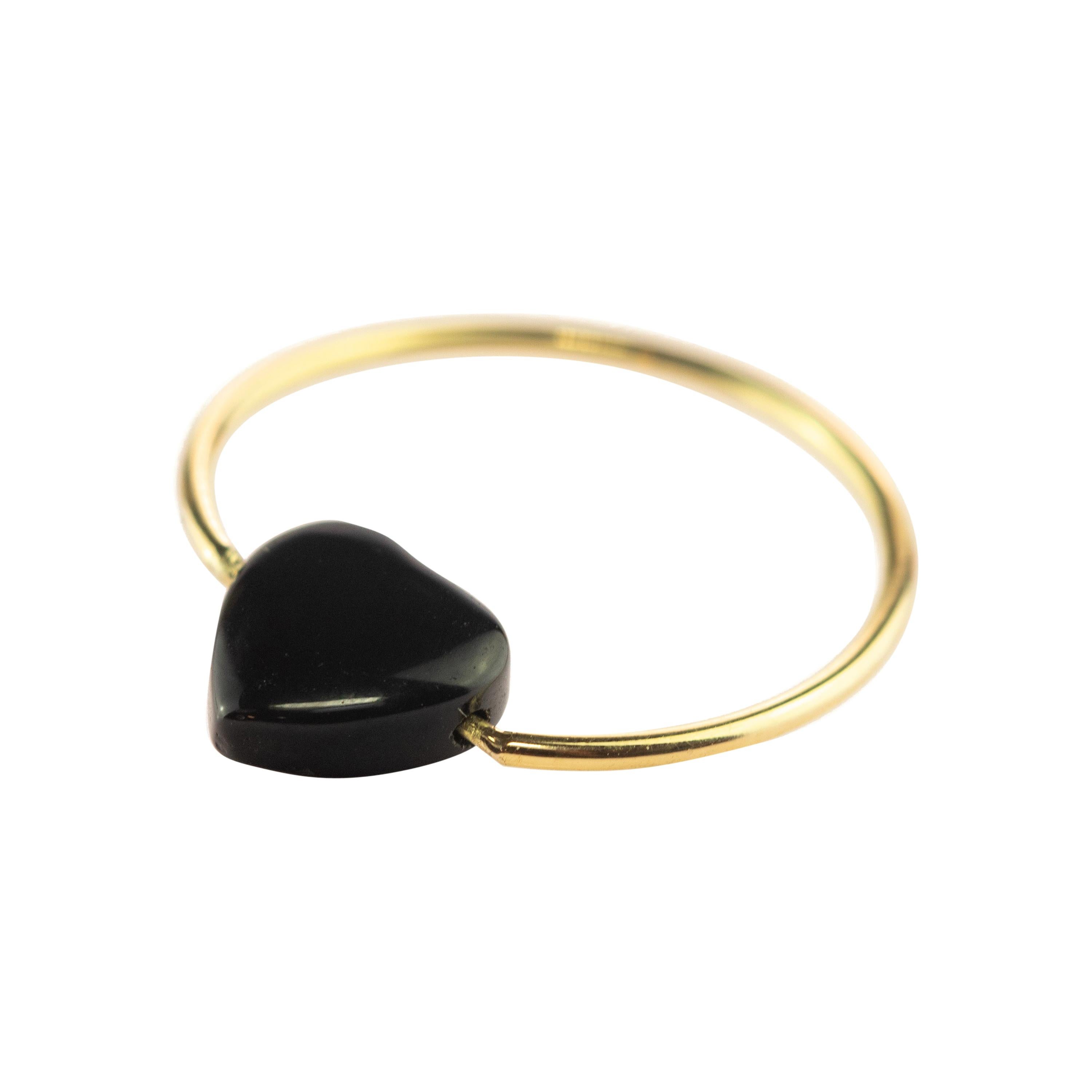 Bague à anneau Planet Love Boho en or jaune 18 carats avec cœur en agate noire naturelle
