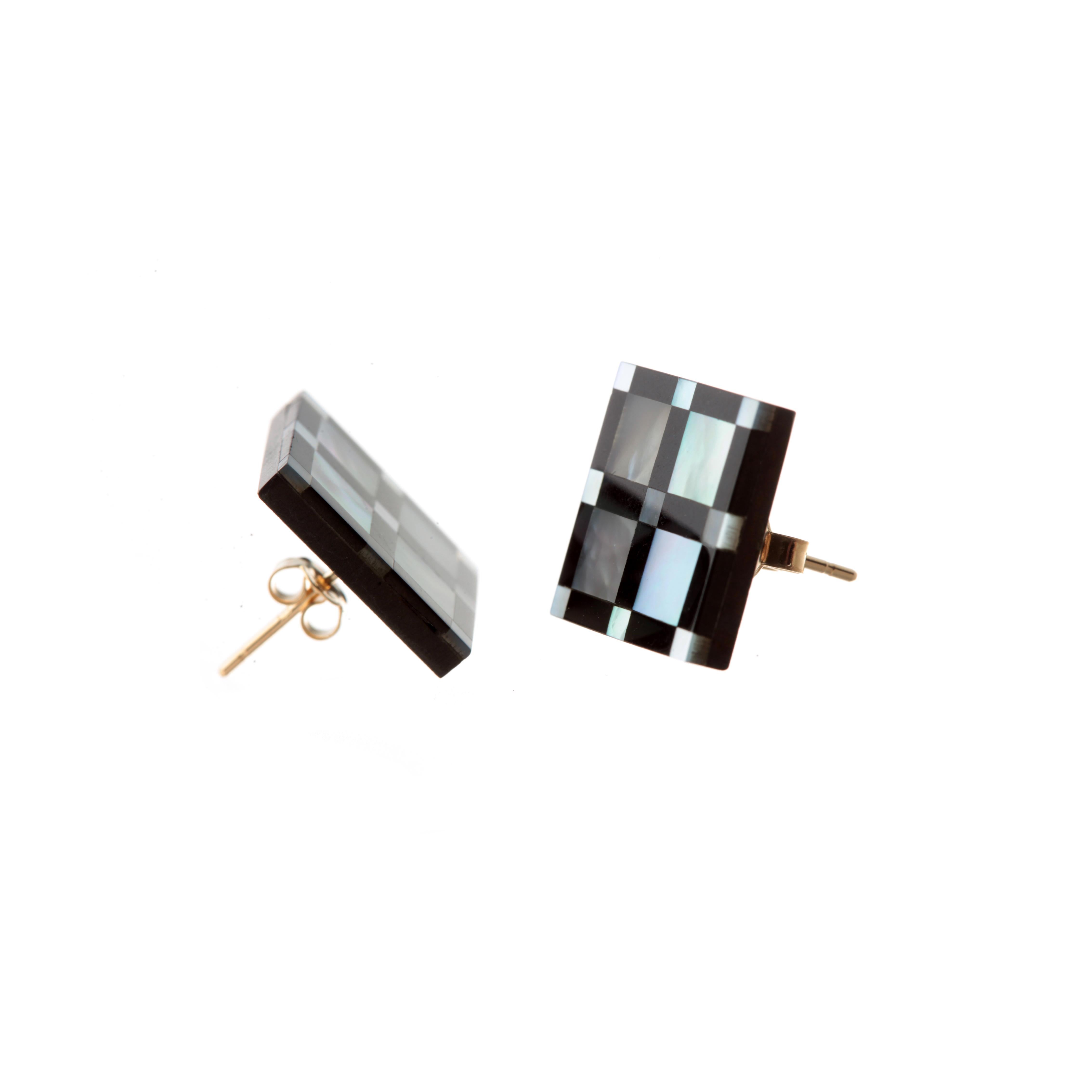 Oval Cut Natural Black Agate Mother of Pearl Gold Plate Stud Square Geometric Earrings For Sale