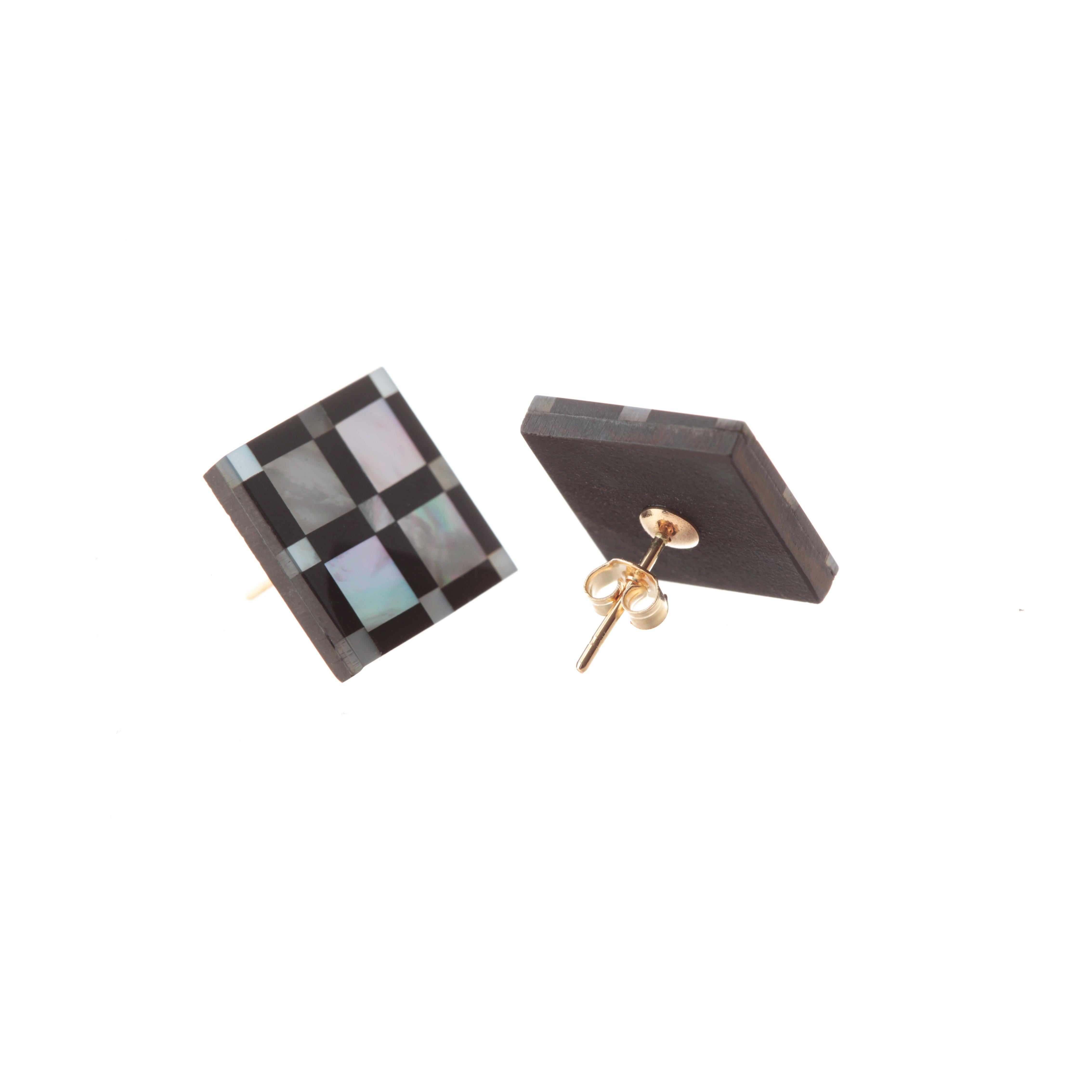 Women's or Men's Natural Black Agate Mother of Pearl Gold Plate Stud Square Geometric Earrings For Sale