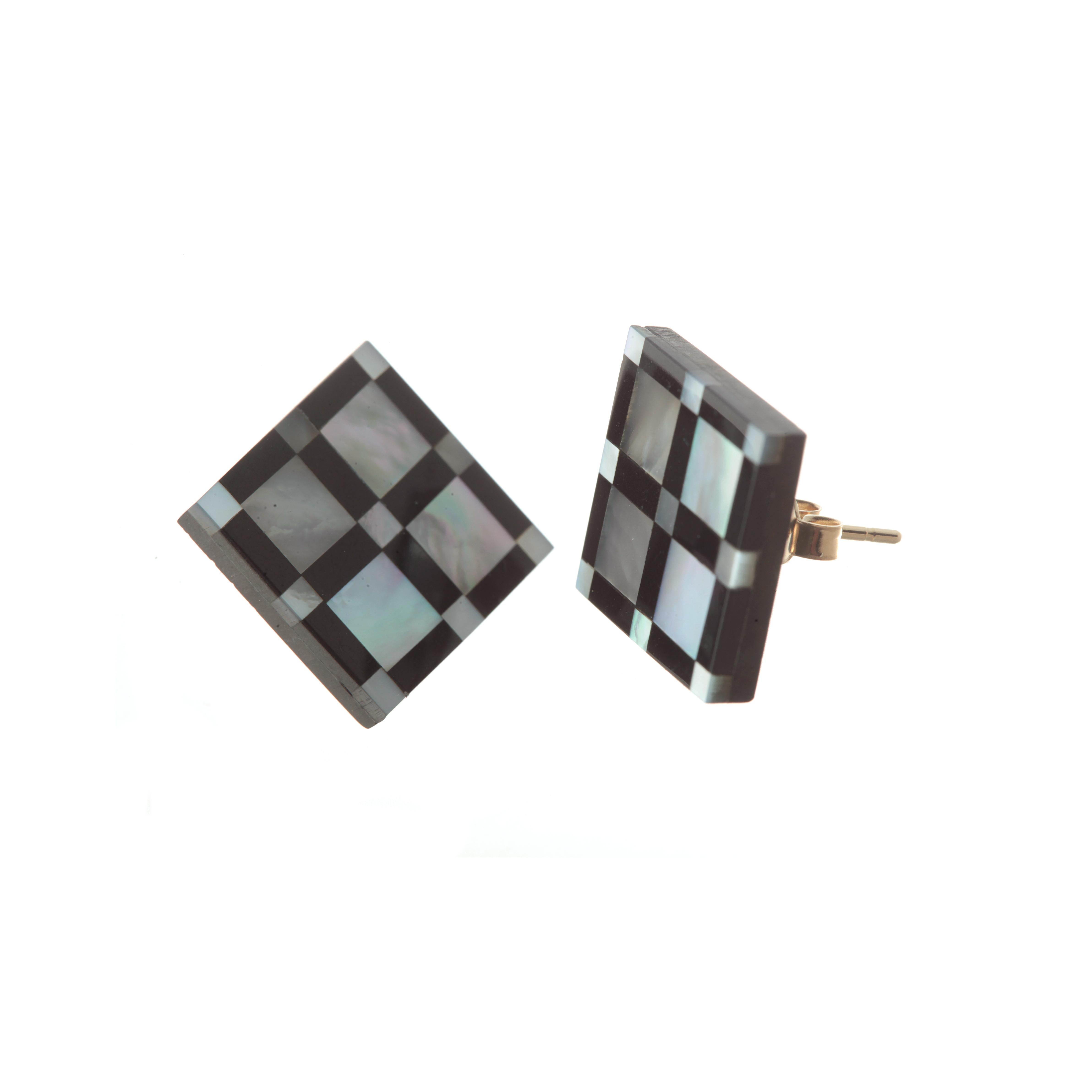 Natural Black Agate Mother of Pearl Gold Plate Stud Square Geometric Earrings For Sale 1