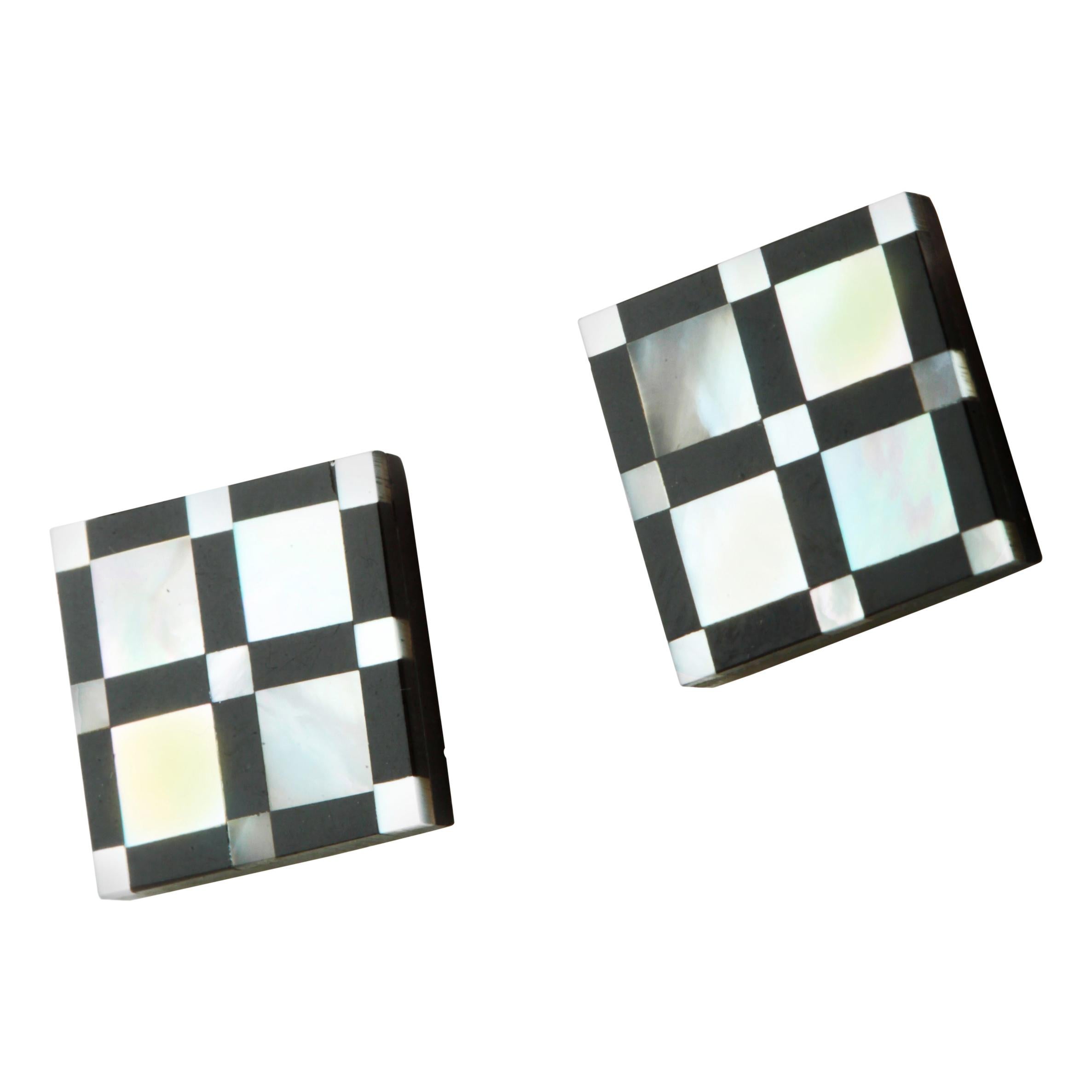 Natural Black Agate Mother of Pearl Gold Plate Stud Square Geometric Earrings For Sale