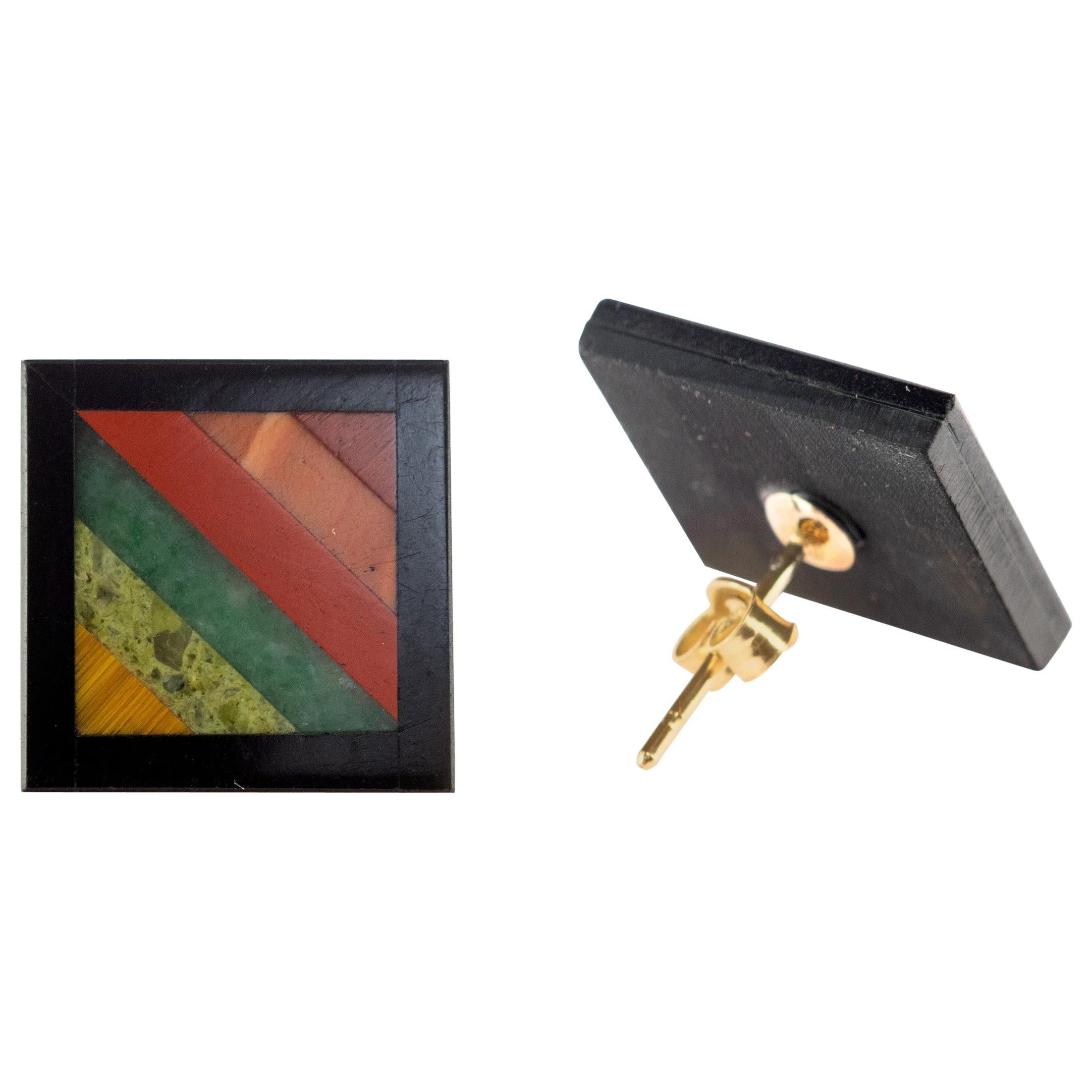 Orecchini da cocktail chic in oro 18 carati con perno in agata nera naturale e diaspro arcobaleno