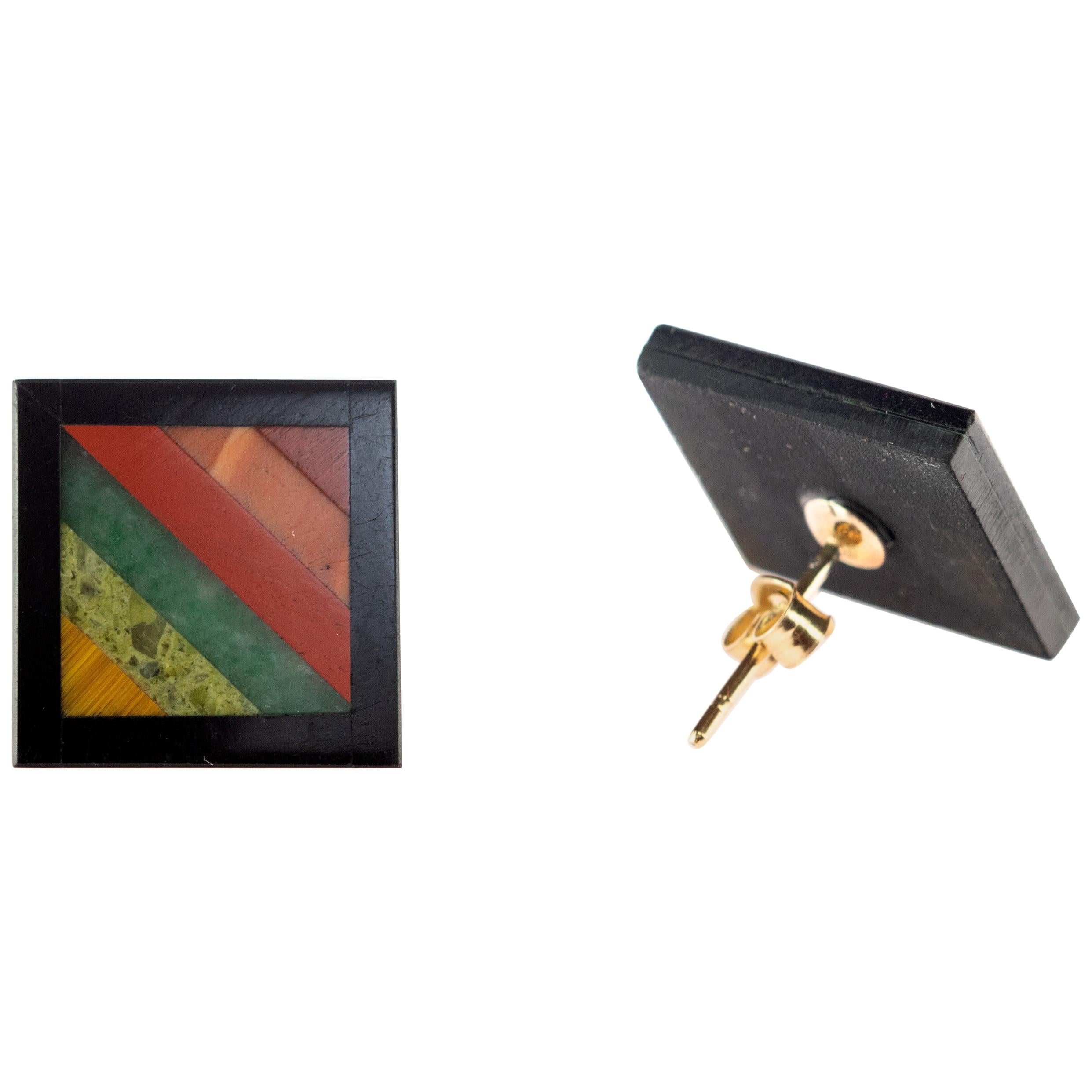 Pendientes de Ágata Negra Natural Jaspe Arco Iris Chapados en Oro Elegantes Pendientes de Cóctel