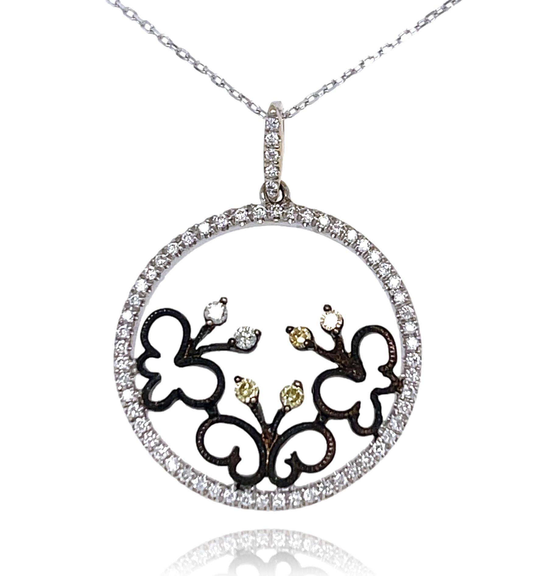 Women's Natural Black and White Diamond Butterfly Pendant in 18K White Gold For Sale